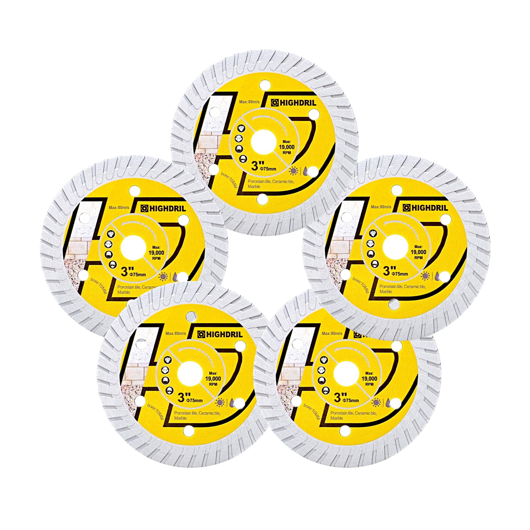 HIGHDRIL 5PCS 75mm/3" Tile diamond Blade Dry/Wet Angle Grinder Wheel Disc for Cutting Ceramic,Hard Pocelain,Glazed Tiles