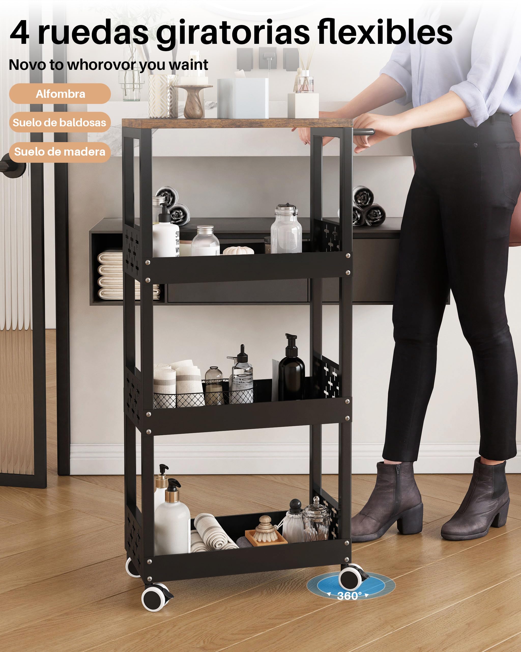 UMDONX Carrito Cocina Estrecho de Metal Carrito Auxiliar con Ruedas, Carrito de Servicio de 4 Niveles para Espacios Pequeños Baño Lavadero, 42x17x87cm (Negro)