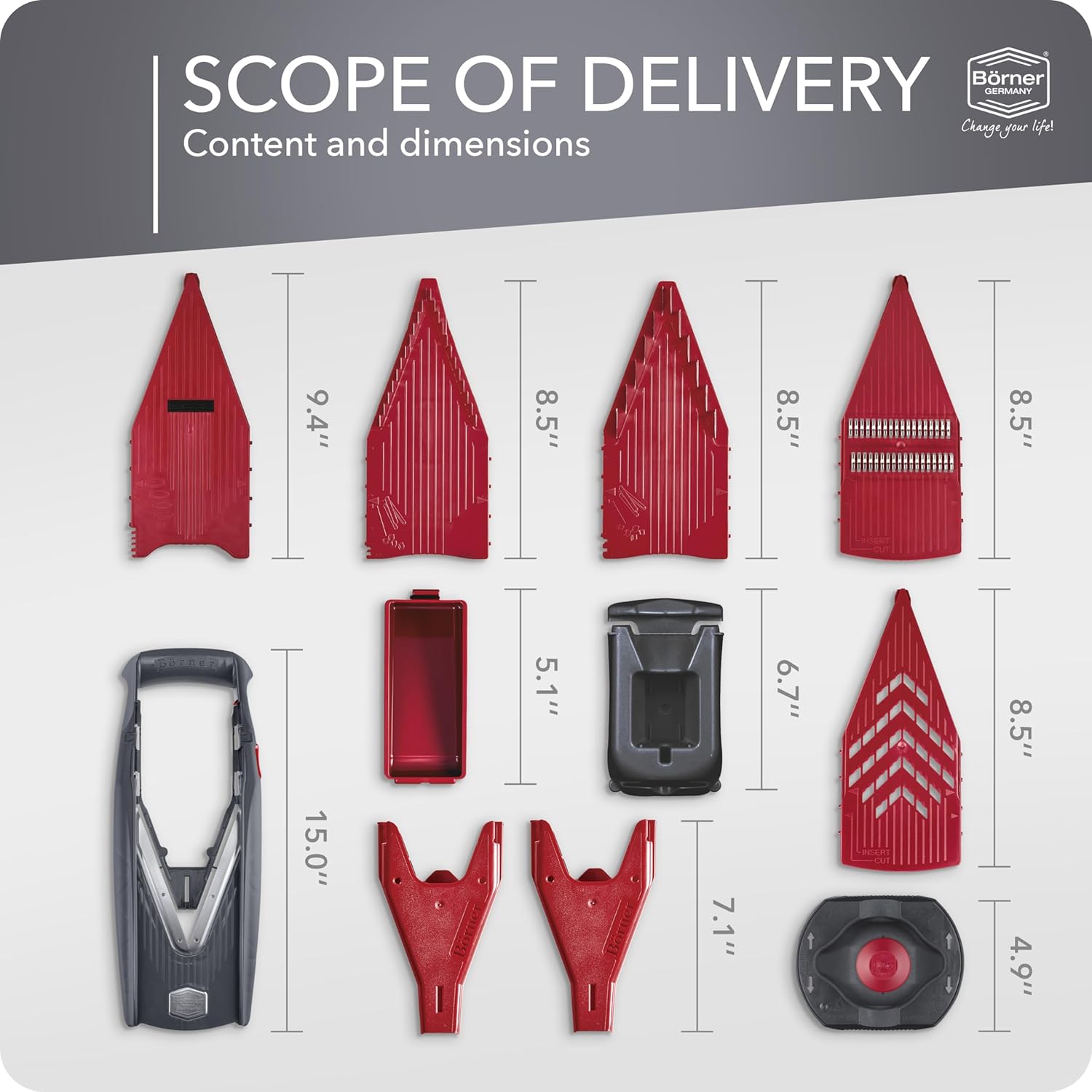 Börner Mandoline Slicer Vital (Profi Set) • Vegetable Slicer with Stainless Steel V-Blade & Dressing Function • 12 Cutting Styles • For Slices, Zoodles, Strips, & Dices in Various Thicknesses