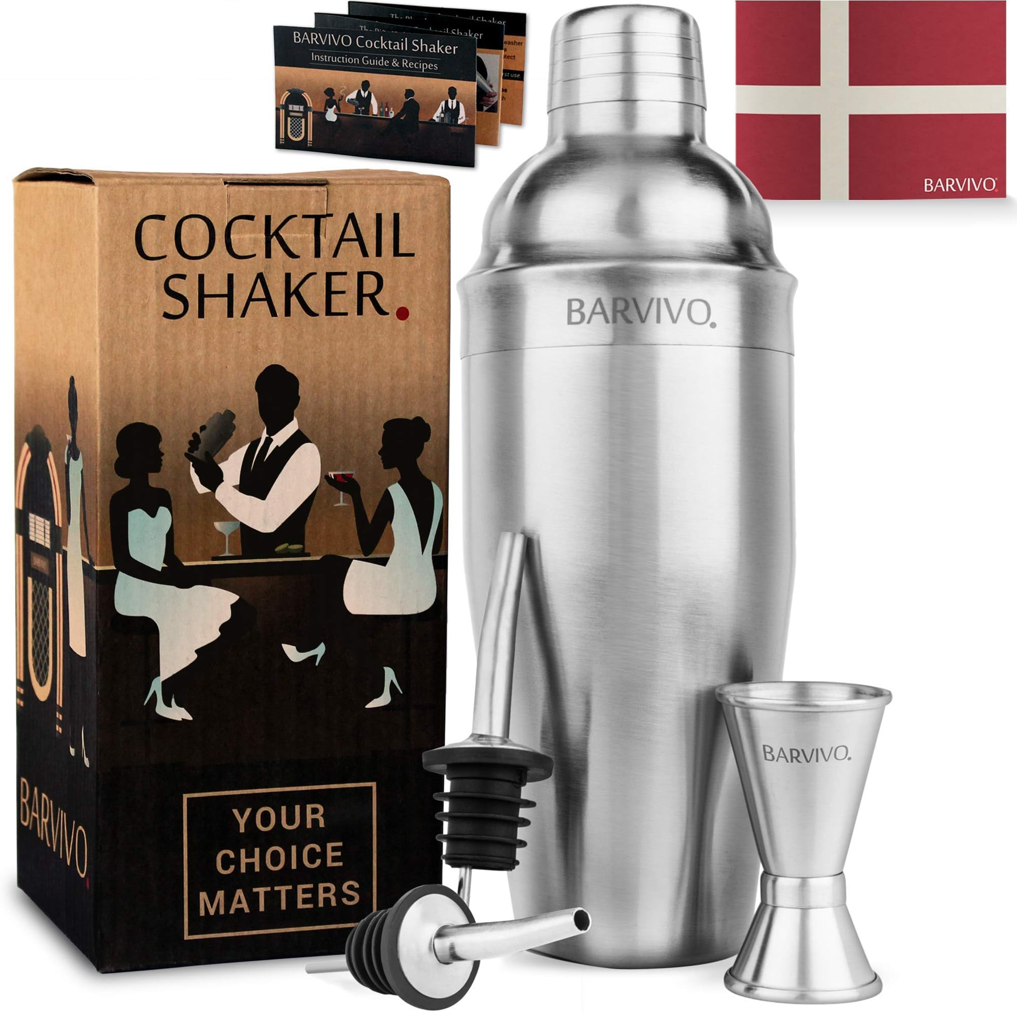 BARVIVO Professional Cocktail Shaker Set - Includes Double Jigger and Two Liquor Pourers - 700 ml Brushed Stainless Steel Martini Mixer for Margarita, Manhattan, and Other Drinks at Home - 9x9x24 cm