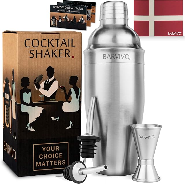 BARVIVO Professional Cocktail Shaker Set w/a Double Jigger & 2 Liquor Pourers 700ml Martini Mixer Made of Brushed Stainless Steel Perfect for Mixing Margarita, Manhattan & Other Drinks at Home.