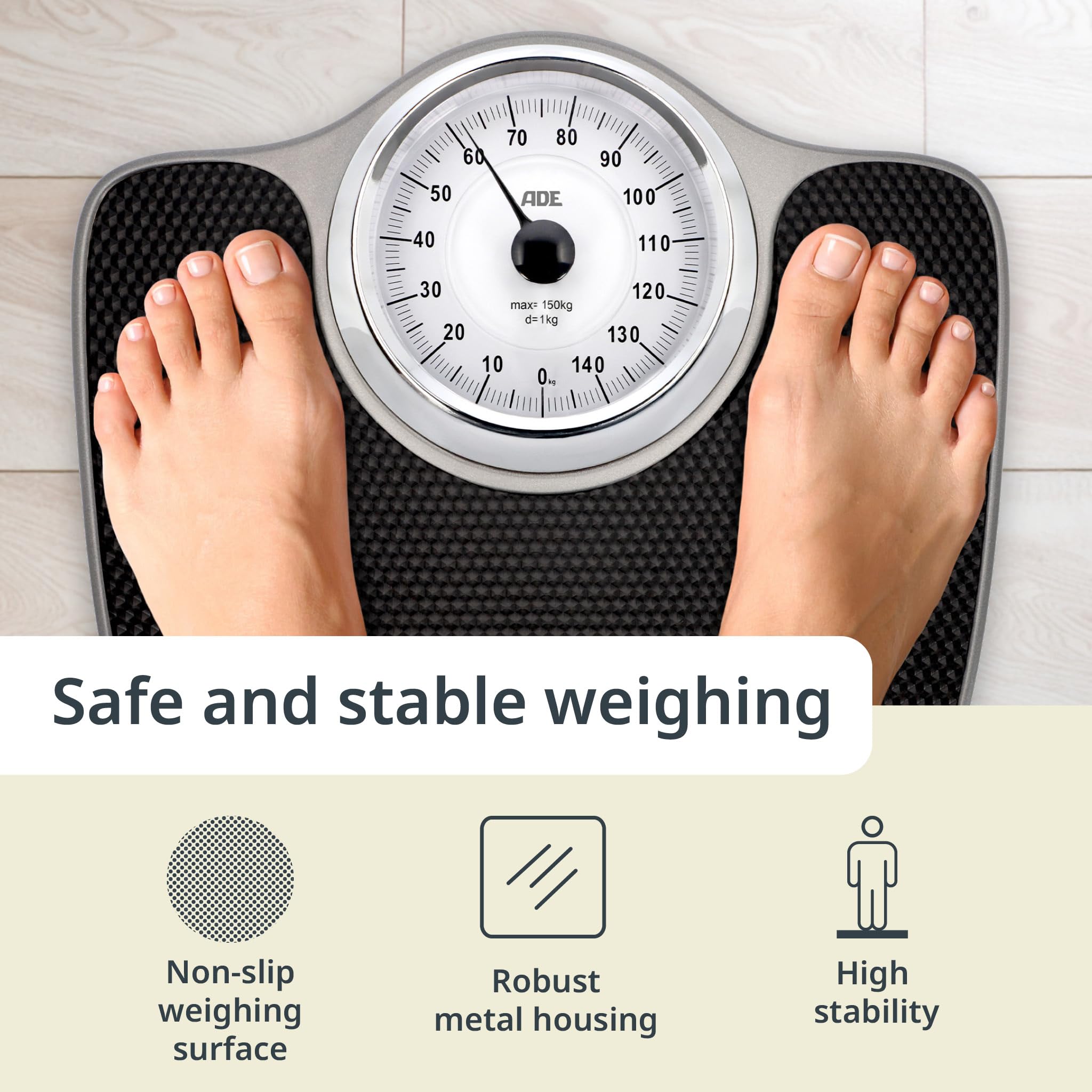 ADE Analogowa waga osobowa do 150 kg | mechaniczna waga osobowa z dużą powierzchnią antypoślizgową | bardzo duża skala z podziałką
