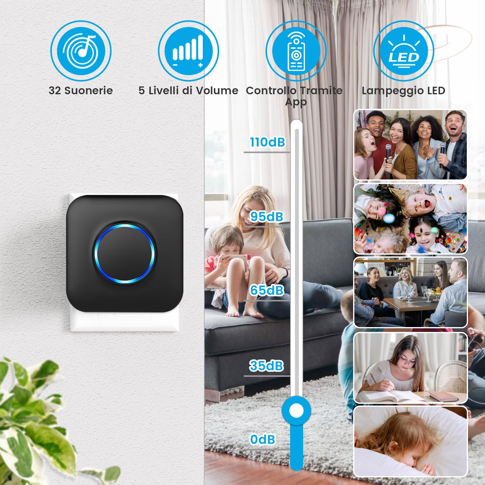 WIFI Campanello Senza Fili da Esterno, Compatibile con Applicazione per Smartphone, Campanello Casa Forte da 0-110dB con 32 Melodie, Doorbell con Notifica Remota, Campanella con Flash LED