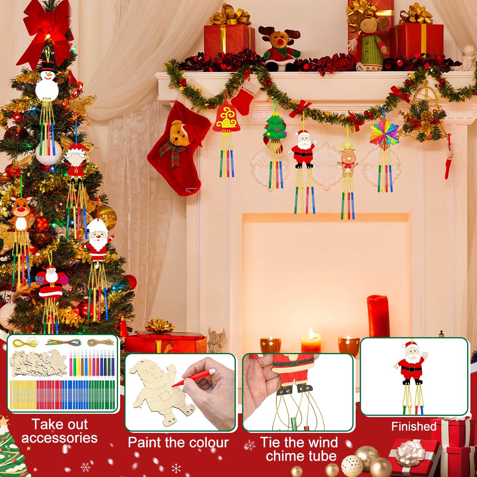 12 Pcs Kit Bricolage Carillon Noël En Bois – DIY Sapin De Noël, Carillons Éoliens Décoratifs Avec Peinture & Accessoires