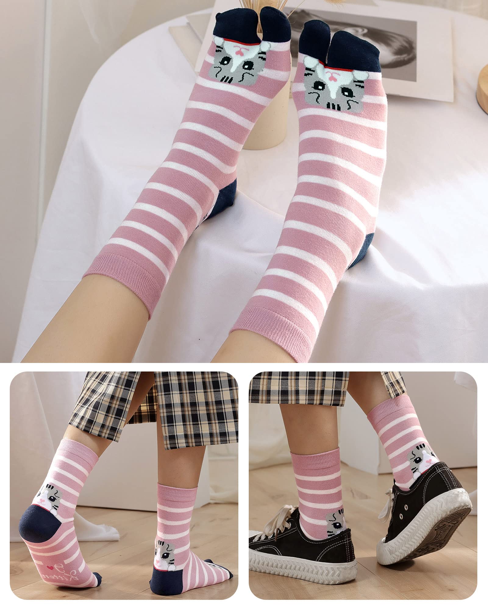 Tabi Skarpety damskie, japonki, bawełniane, krótkie, z dwoma palcami, styl japoński, kolorowy, zabawny wzór sakura, rozmiar 35-41, 4 pary, 4 pary kotek