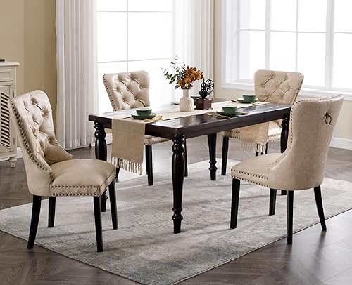 Miniatura 5 de EALSON Juego de 2 sillas de comedor modernas de cuero de mediados de siglo con patas de madera, sillas laterales de cocina tapizadas con ribete de