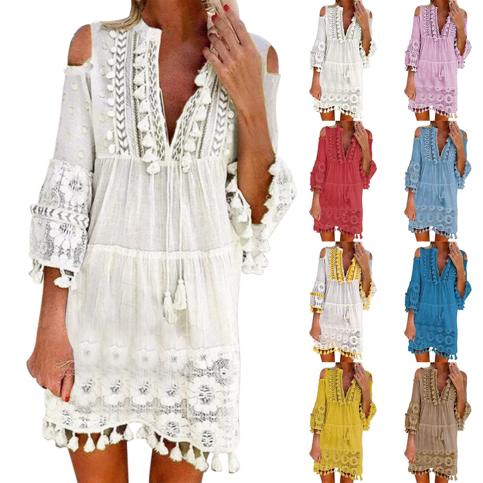 Vestido de verano para mujer, vestido boho blanco, vestido de verano, elegante, vestido de playa, corto, línea A, minivestido de bikini, vestido de ocio, fiesta, playa, vestido de noche, hollow out