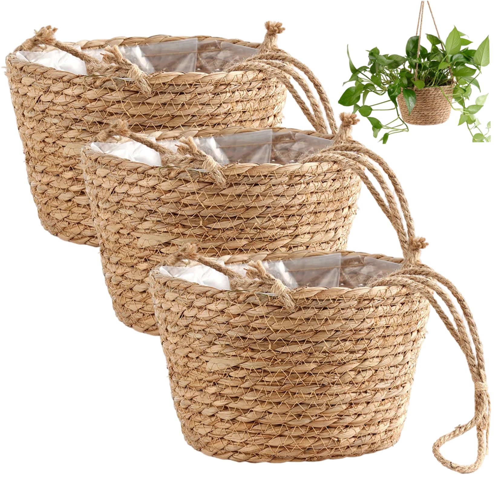 Cesta colgante de plantas de 3 piezas, cesta colgante de mimbre de 8x5 pulgadas para plantas, macetero tejido de interior con cuerda, de macetas rústicas bohemias para interiores, hogar y ofi