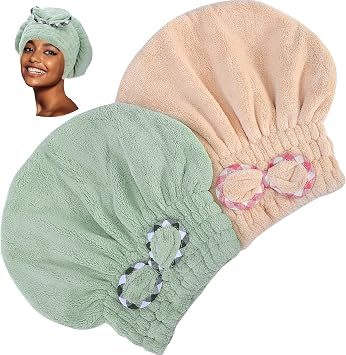 Microfiber Hair Drying Towel, 2 Pcs Fast Coral Velvet Absorbent Quick Dry Caps, Soft Towel for Women Wet Long Thick Hair Khaki+Green
