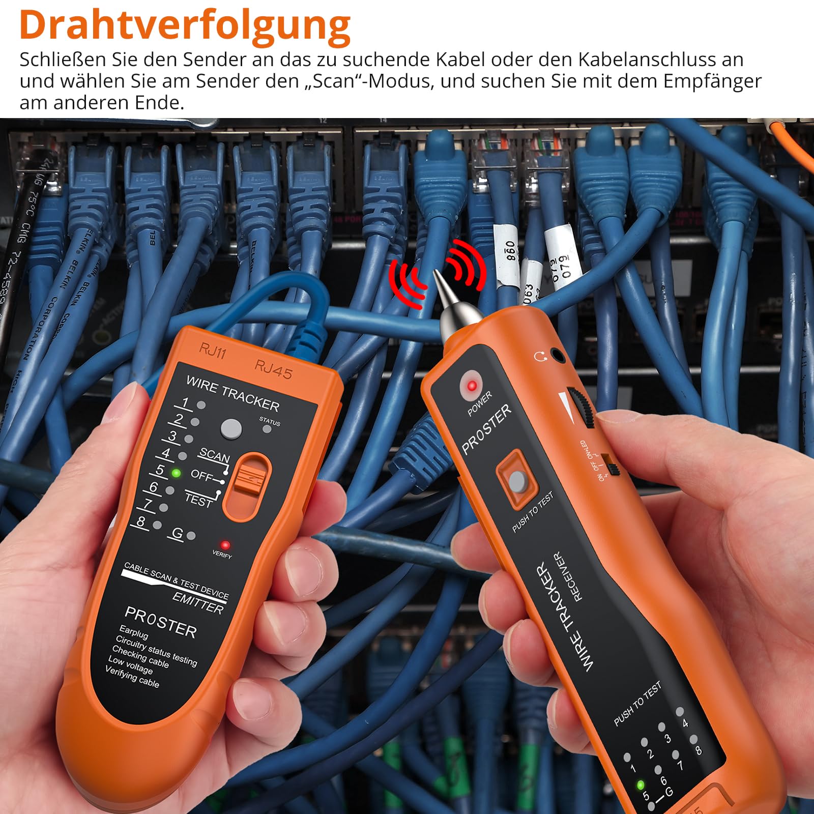 Proster Netzwerkkabel Wire Tracker XQ 350 mit Kopfhörer Hochempfindlicher Handheld Telefonkabeltester Wire Tracker für LAN Ethernet BNC RJ45 RJ11 Tester -Orange