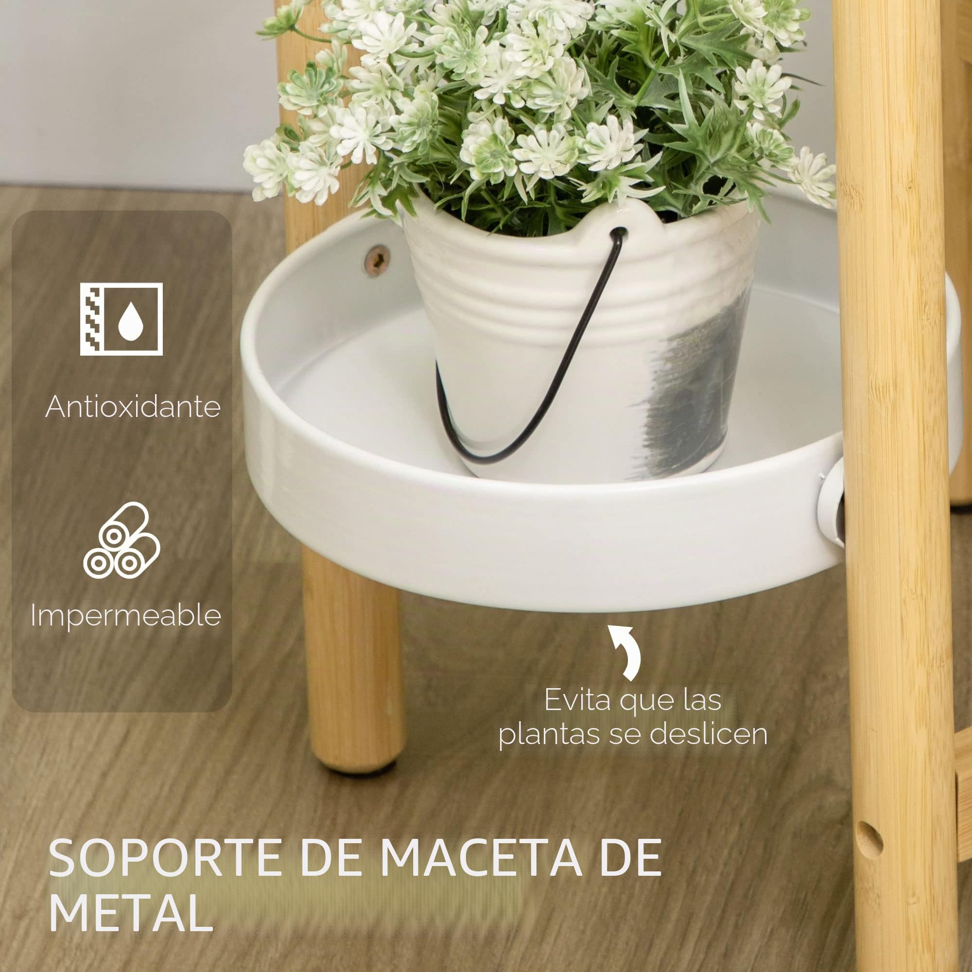 Outsunny Support pour plantes piédestal 4 niveaux 28 x 28 x 80 cm Blanc | Étagère à Fleurs, Étagères Rondes, Bambou et Métal, pour Extérieur Intérieur