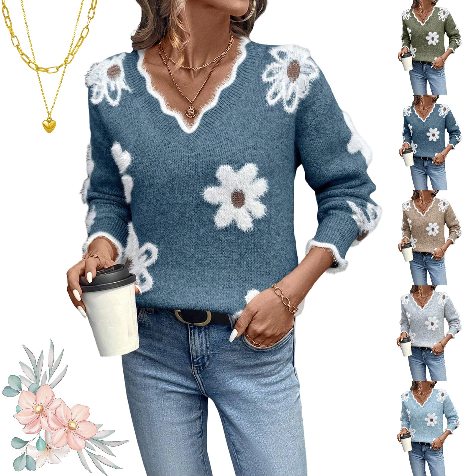 Fall Sweater for Women 2025 Trendy Cute Casual Cozy Long Sleeve V Neck Floral Knit Pullover Sweaters Tops