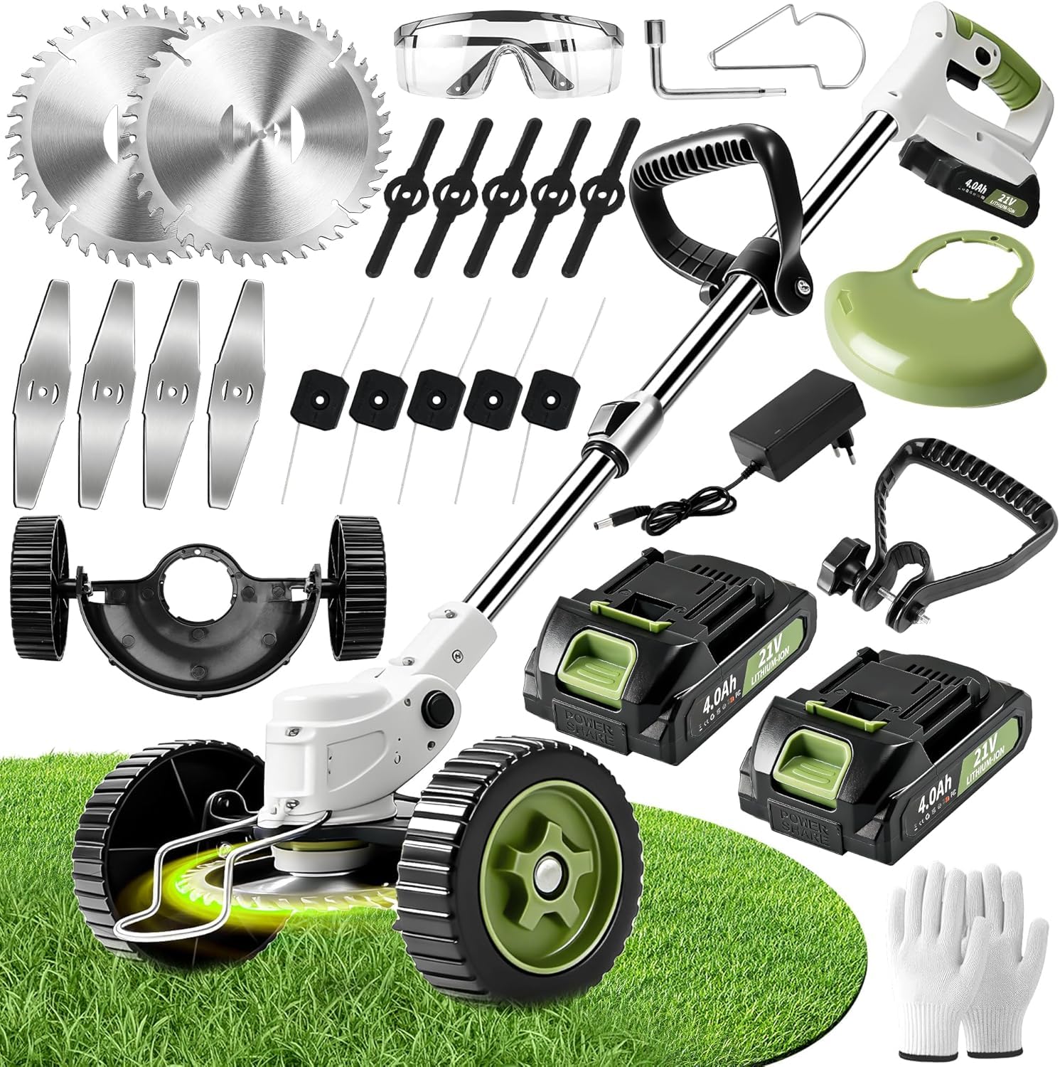 Debroussailleuse Electrique sans Fil - Debroussailleuse Batterie avec 2 Batterie 21V et 4 Types de Lames - Coupe Bordure avec Poignée Réglable - Débroussailleuse à Gazon pour Jardin (Beige)