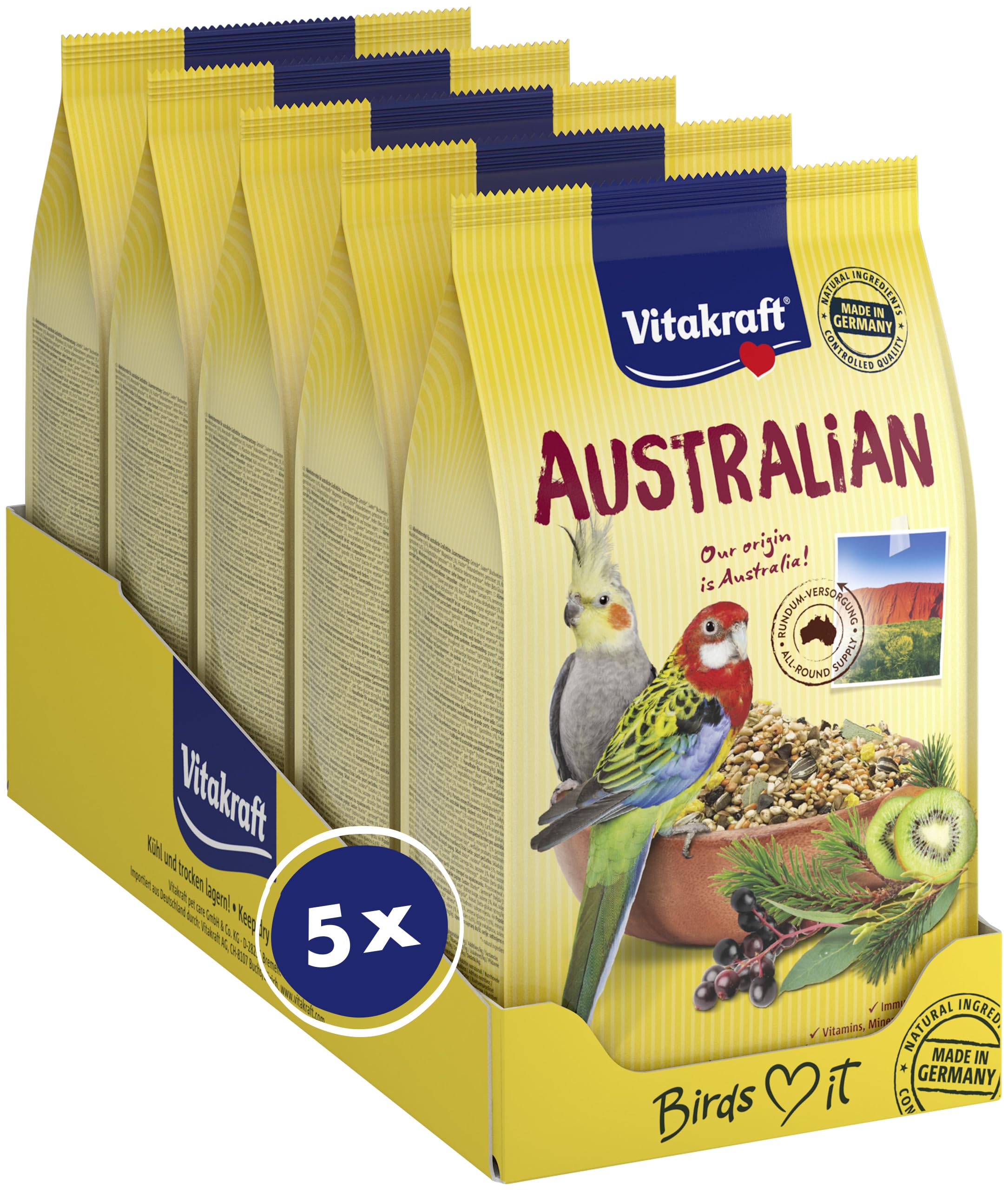 Vitakraft Australian, Vogelfutter für Großsittiche, mit Vitaminen und Mineralien, mit Magenkiesel zur Unterstützung der Magenfunktion, ohne Zusatz von Zucker (5X 750g)