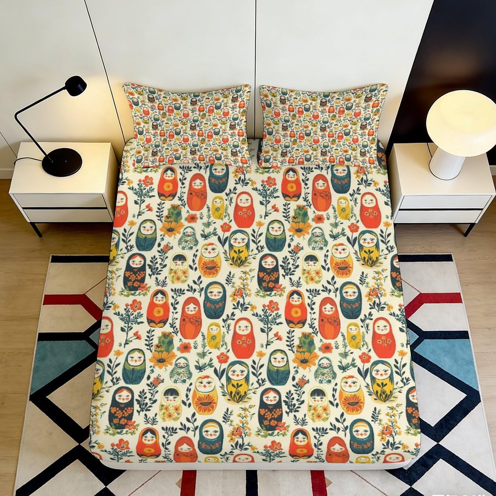 3D Printed Matryoshka Doll Fitted Sheet Microfiber Multicolour Russian Nesting Doll Bed Cover for Bedroom Guest Room Home Decor 90x200x25cm