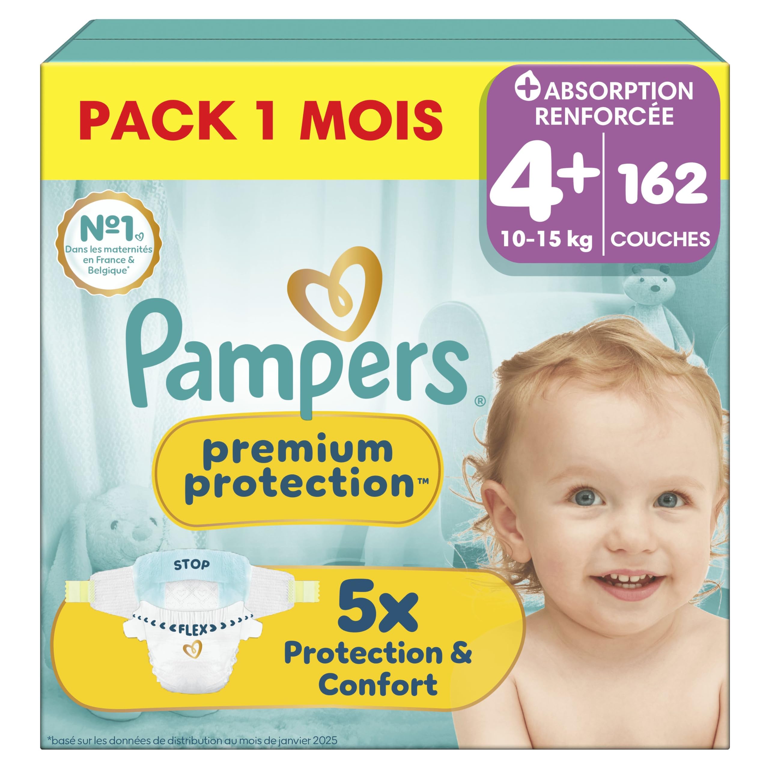 Pampers Premium Protection Couches Taille 4+ x162 Pack 1 Mois | 10kg-15kg. Notre N°1 Pour La Protection De La Peau Et Contre Les Fuites. Pack 1 Mois