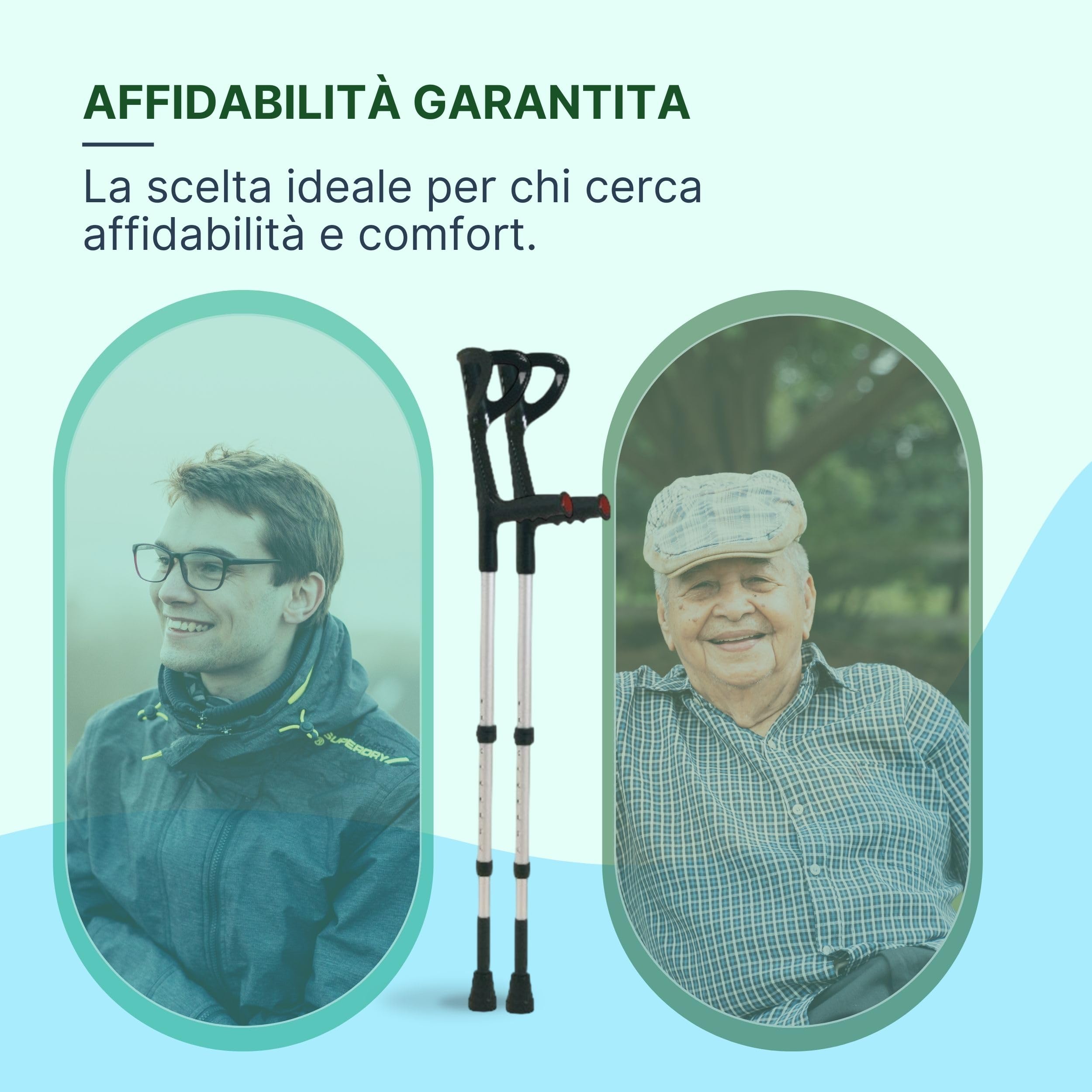 Stampelle Ortopediche Regolabili con Ammortizzatore, 2 Unità | Stampelle Canadesi in Alluminio Anodizzato, Altezza 74-97cm, Nero/Argento