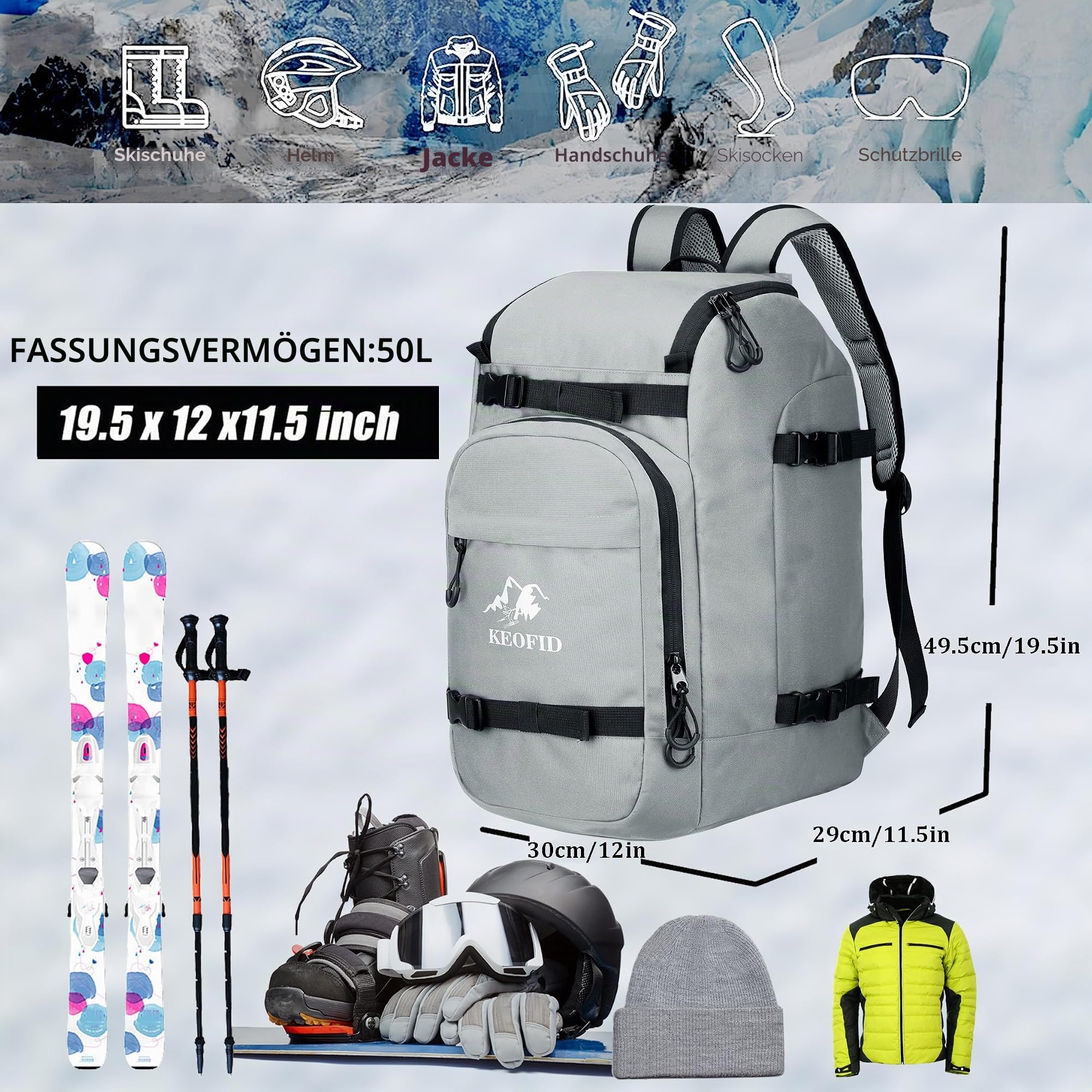 KEOFID Skischuhtasche für Damen und Herren, 50L Ski-Reiserucksack und Snowboardtasche