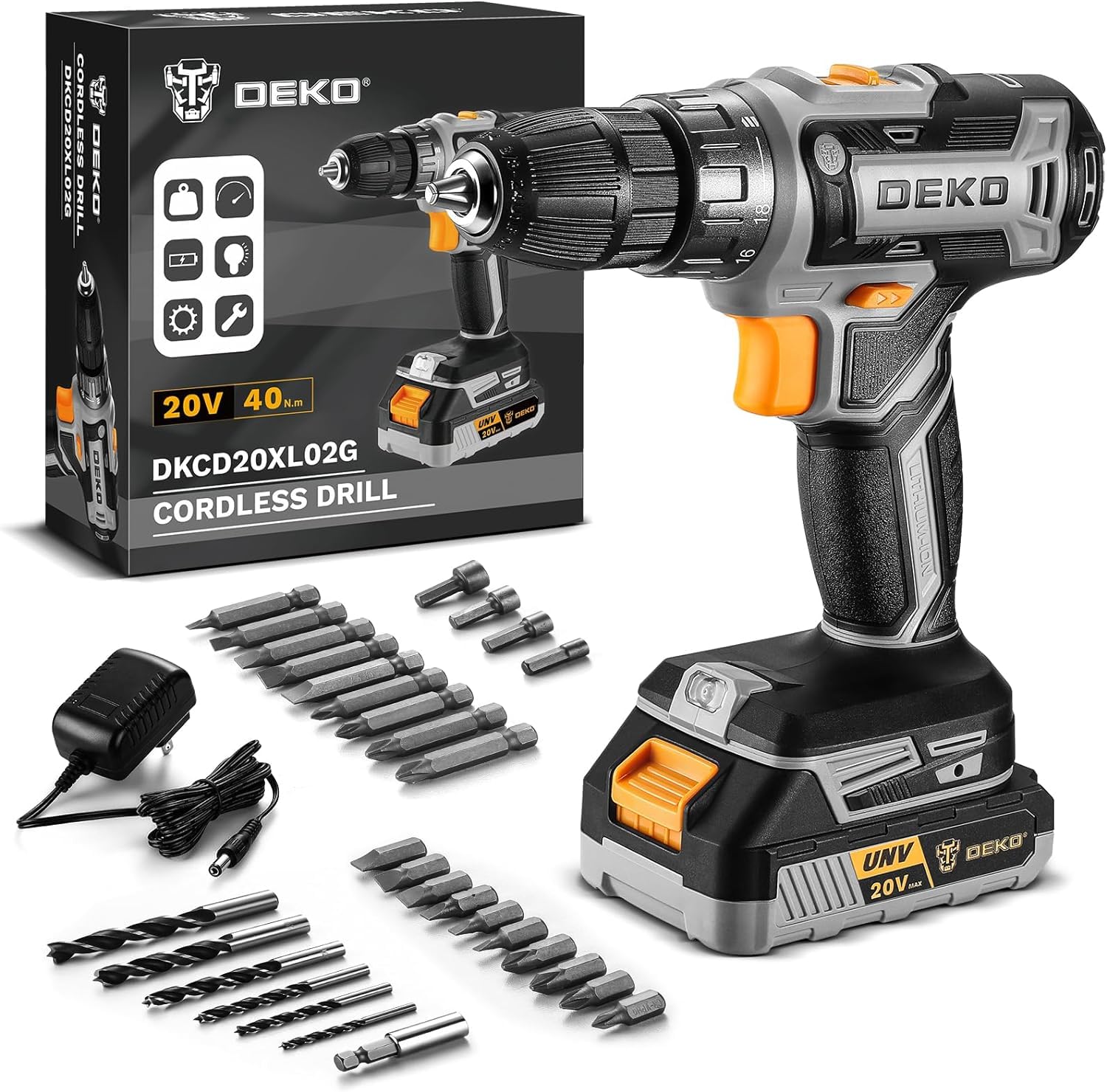 Taladro Inalámbrico, DEKOPRO 20V Taladro Atornillador Bateria con 1 Baterías y Cargador, 40 Nm, 2 Velocidad y LED, Adecuado para Bricolaje en Casa y Jardín,Gris