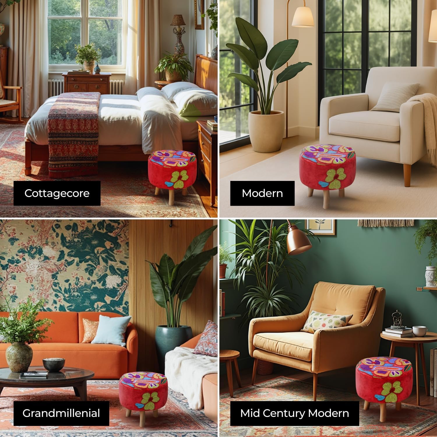 Elke Pink Velvet Embroidered Round Pouf Ottoman – 16" Handcrafted Upholstered Floral Foot Stool with Removable Cover – Soft Cotton Velvet Knockdown Accent Seat for Bedroom, Living Room & Boho Decor