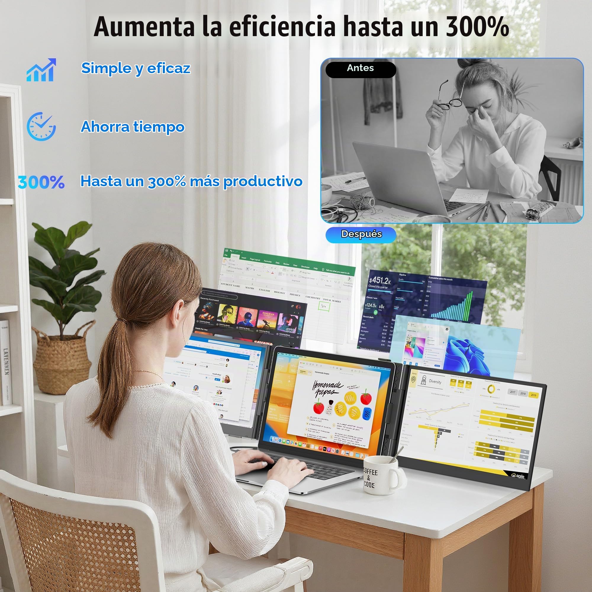 KEFEYA Extensor De Pantalla para Portátil de 14", 100% sRGB FHD 1080P IPS Triple Pantalla para Portatil, Monitor Portátil Pantalla de 13 a 17,3», Plug & Play para Windows/Mac/Android/Switch/PS5