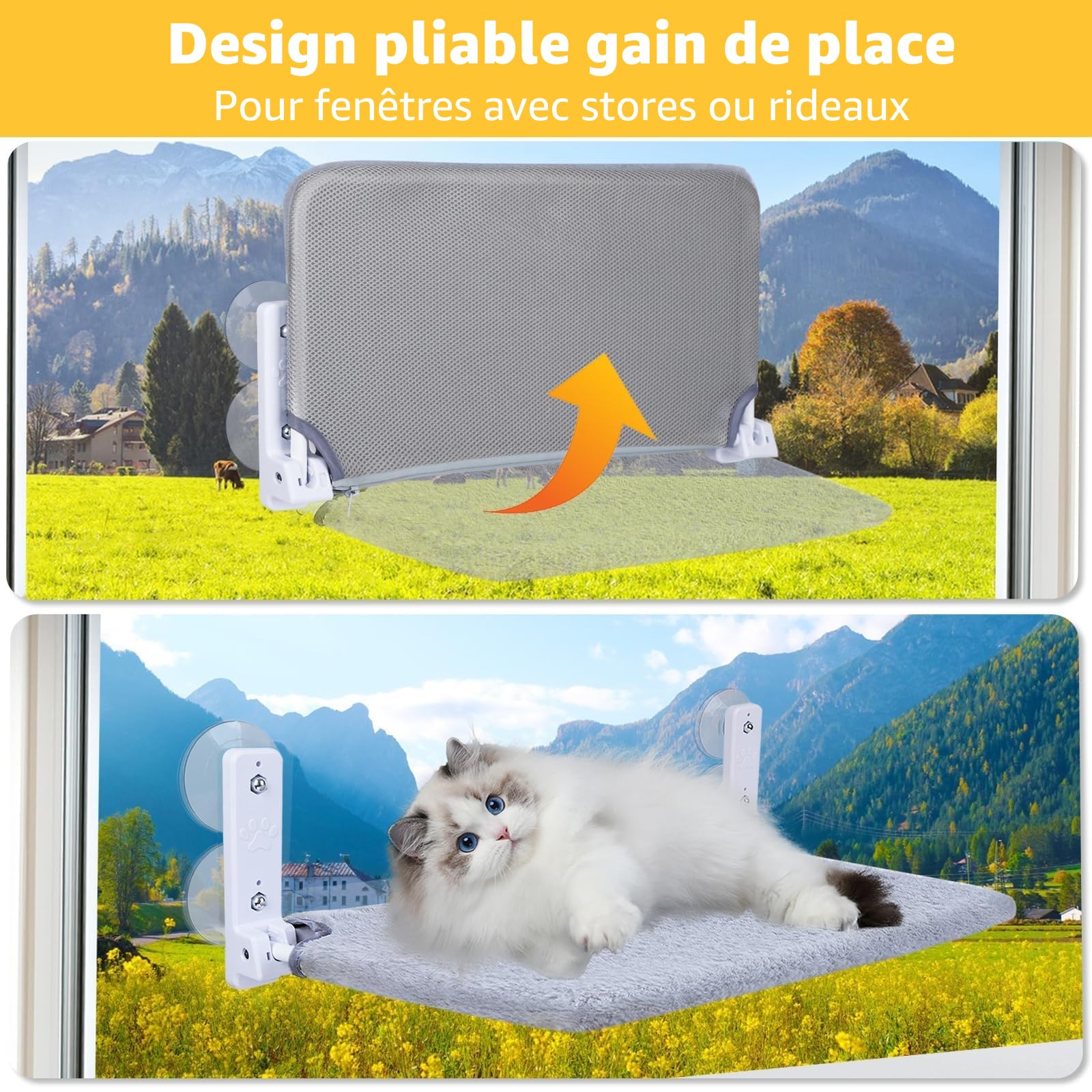 Hamac pour Chat pour fenêtre - 45 x 30 cm - Lit en Peluche - Pliable et Stable - 4 ventouses puissantes jusqu'à 18 kg (Gris-XL)