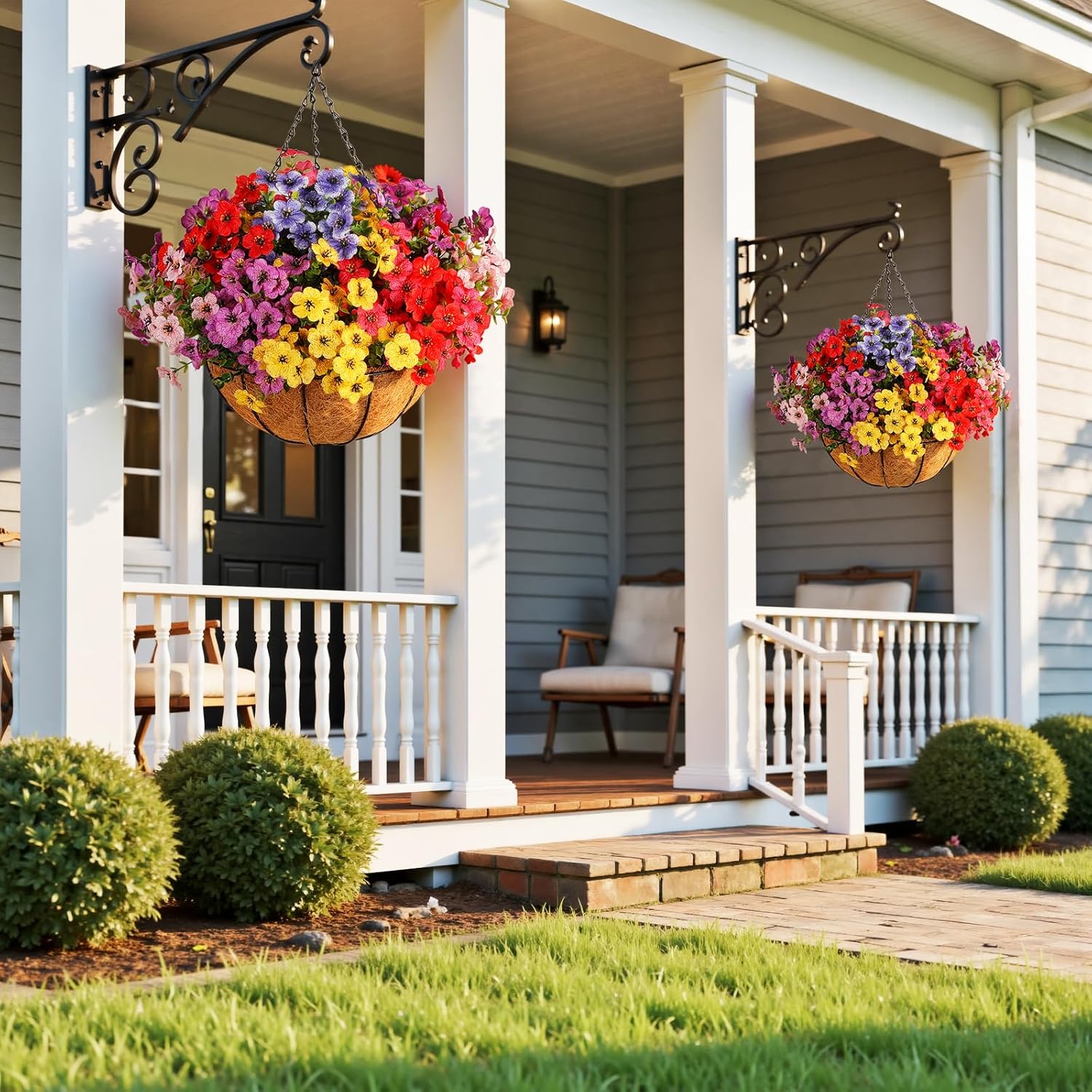 Artificial Outdoors Flowers with Hanging Basket, UV Resistant Fake Hanging Flowers, Faux Silk Plants with Planters for Porch Home Patio Balcony Yard (Rose Red, Red, Purple, Yellow, Pink, Blue)