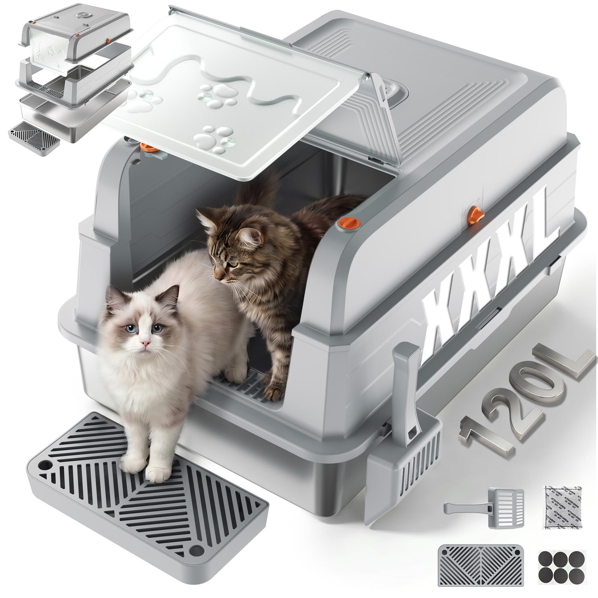 JUMMICO Bac A Litiere pour Chat XXXL, 120L Bac Litiere pour Chat – 3 en 1 (Ouvert/Semi-Fermé/Fermé), Couvercle Ouvert À 150°, Anti-Rayures, Anti-Fuites, Facile À Nettoyer, Plateau Anti-Sable