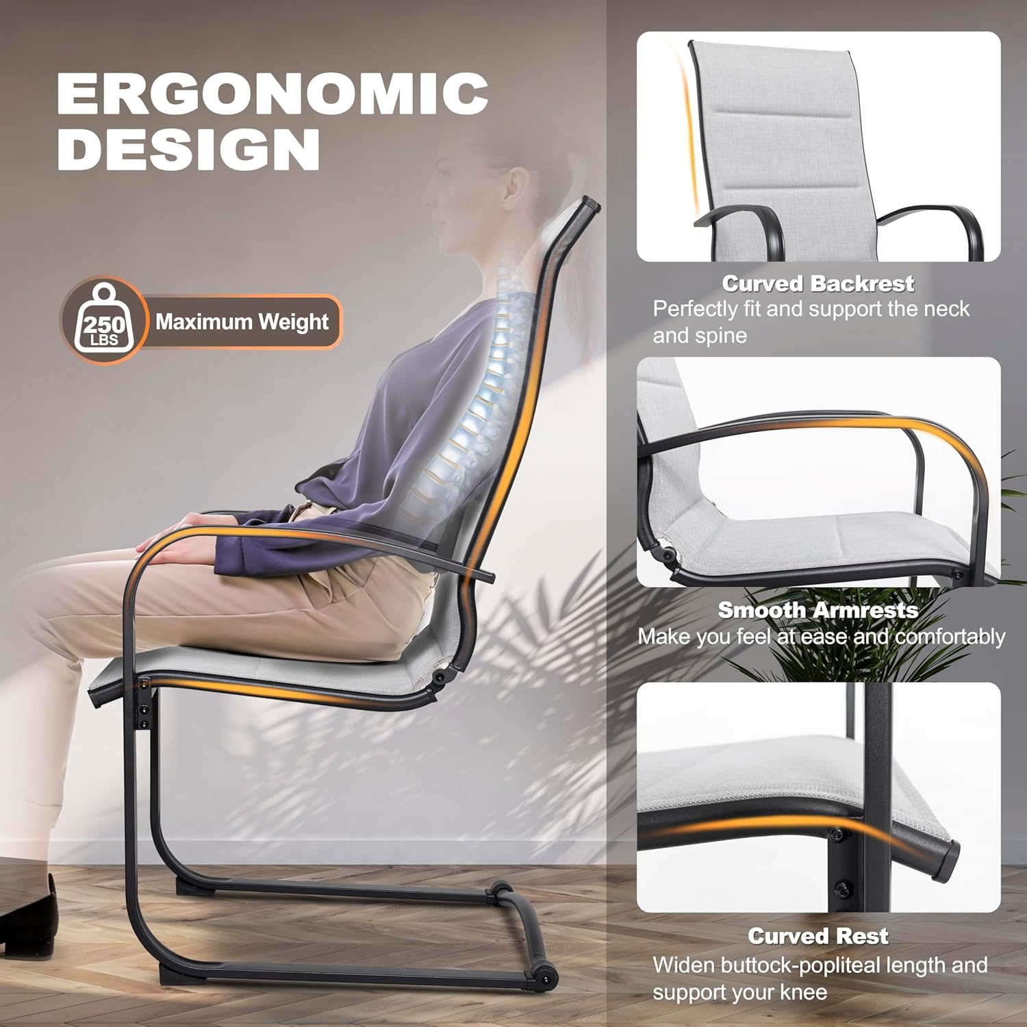 NUU GARDEN Padded Textilene Patio Dining Chairs Set of 2, C-Spring Patio Chairs with Curved Armrests, Powder-Coated Metal Frame Patio Furniture for Backyard Garden Poolside Lawn, Gray