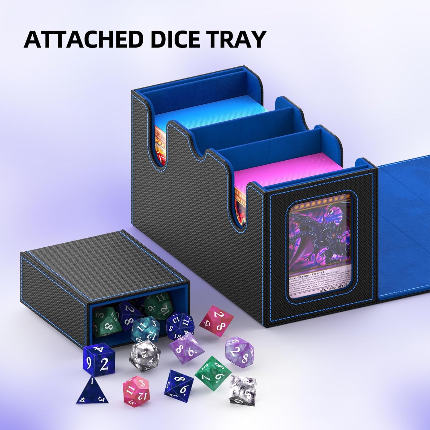 TopMade Card Deck Box with Commander Display, Trading Card Storage Box 520+ with Dice Tray, Leather Magnetic Closure Trading Card Case for YuGiOh, TCG, MTG and Sport Cards - Black & Blue