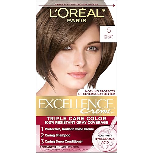 L'Oreal Paris Excellence Creme Permanent Triple Care Hair Color, 5 Medium Brown, Gray Coverage For Up to 8 Weeks, All Hair Types, Pack of 1