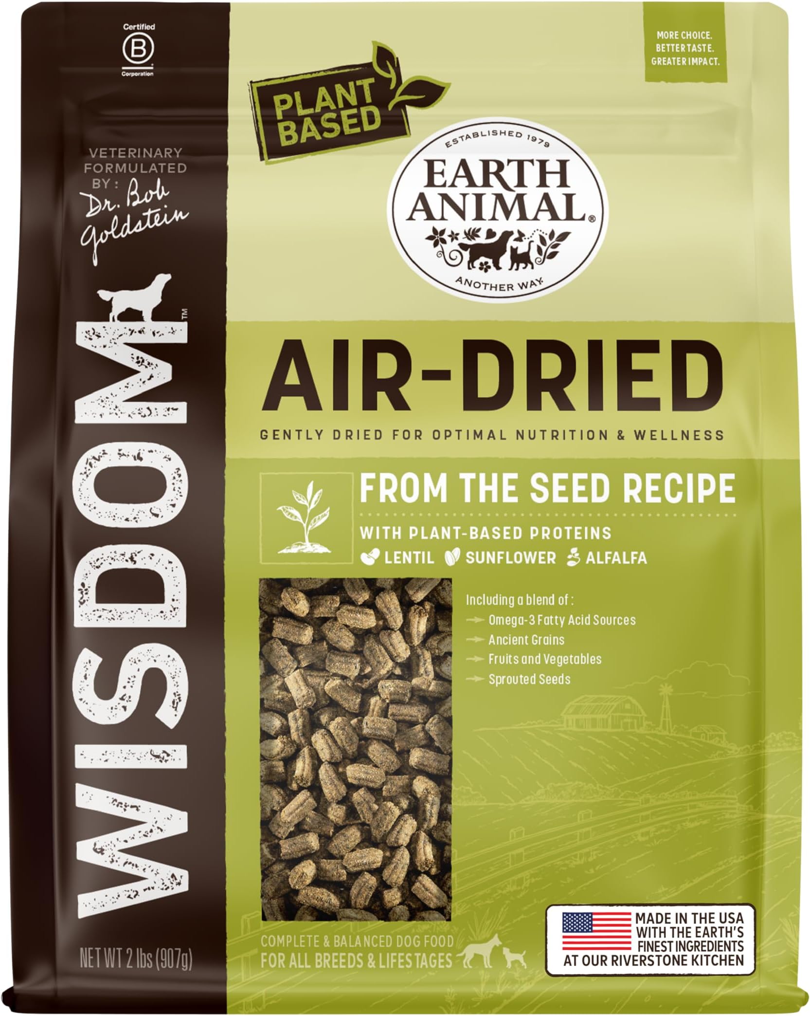 Earth Animal Wisdom Air Dried Dog Food - From the Seed Recipe Premium Natural Dry Dog Food for All Breeds & Ages - 2 Lbs Bag