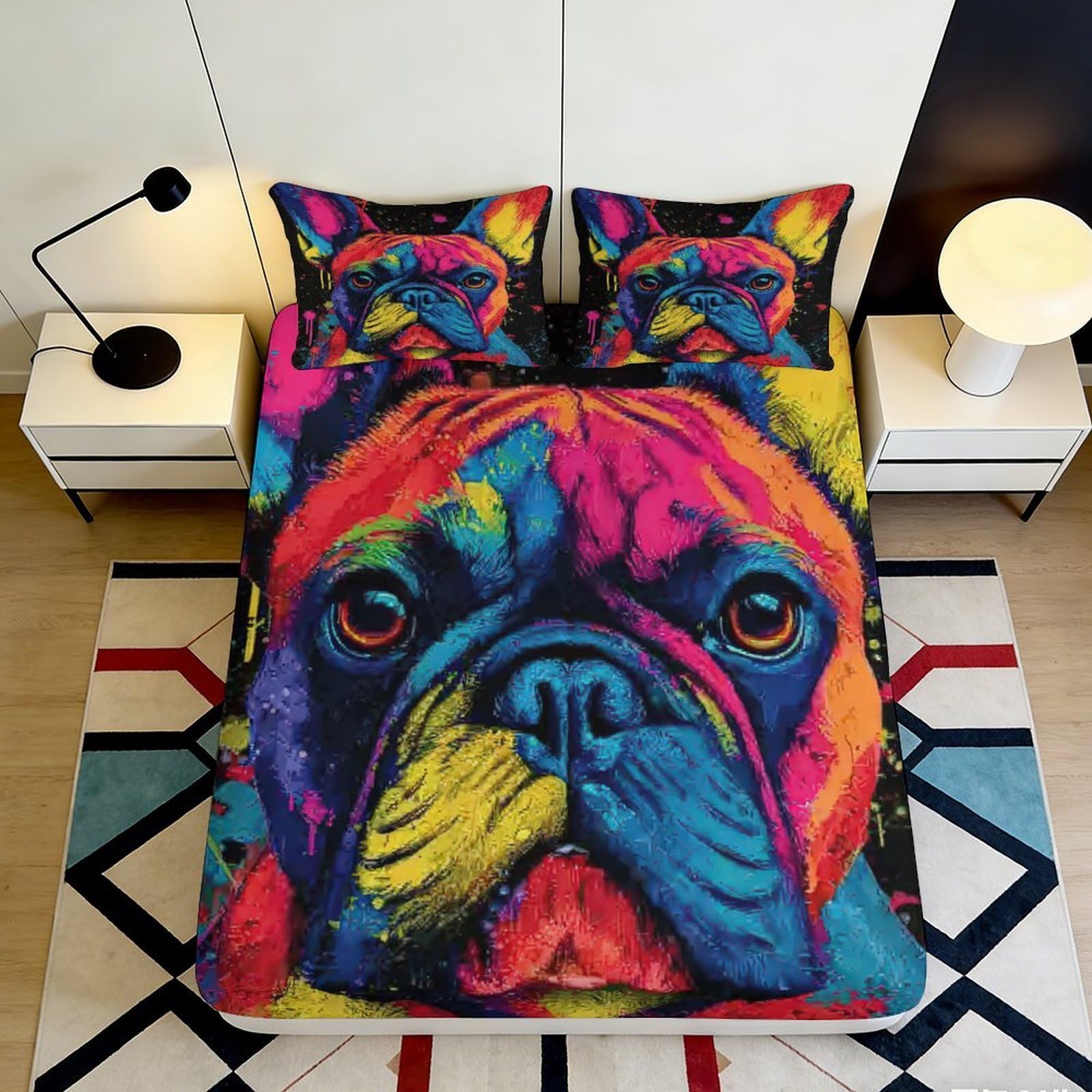 3D Printed colourful bulldog Fitted Sheet, soft touch Microfiber, wrinkle resistant, bed cover for main bedroom, apartment bedding, easy care, anti-slip, dustproof, decorative 90x200x25cm