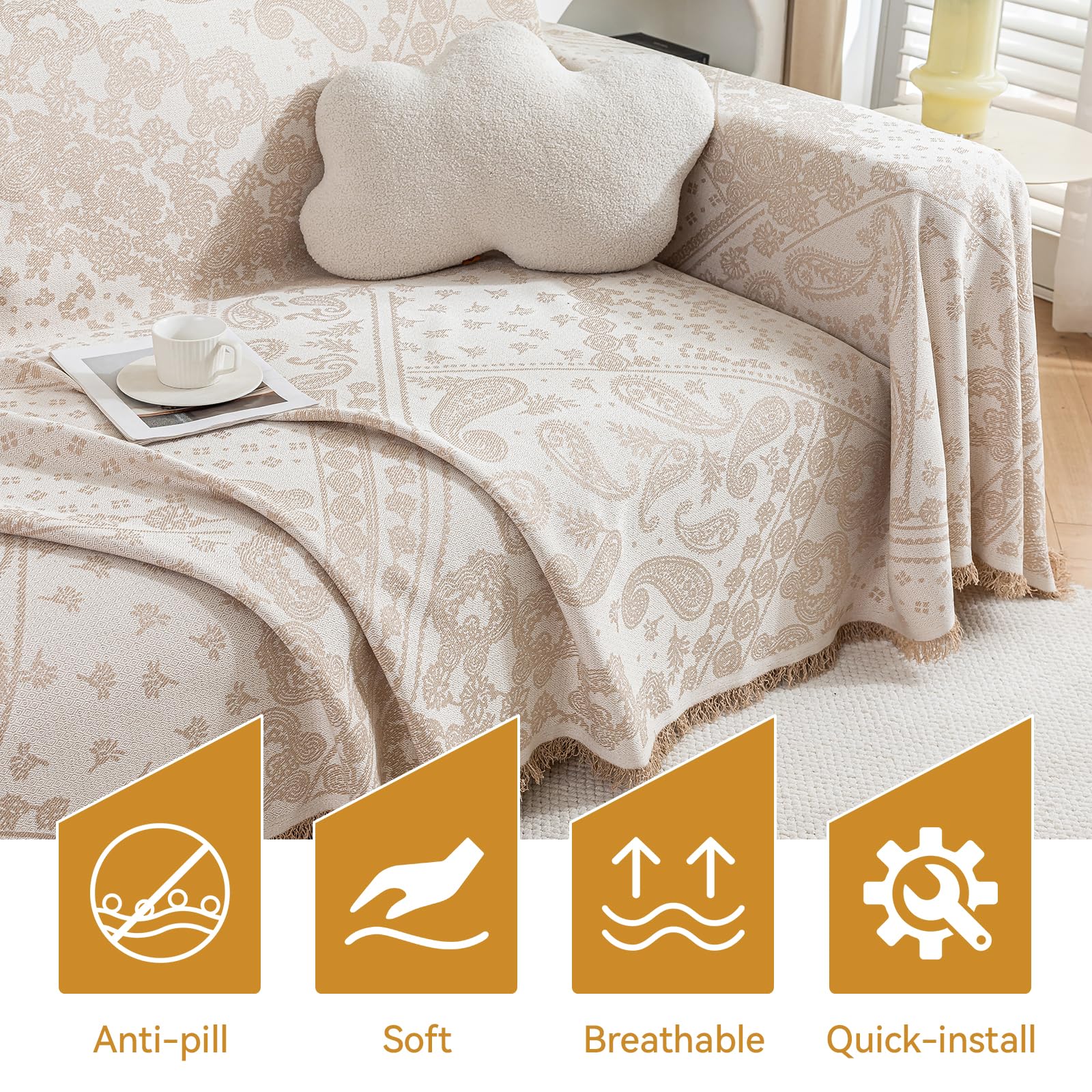 DeepDream Sofa Überzug 1/2/3/4 Sitzer, Chenille Sofaüberwurf Waschbar L Form Sektionssofa, Couch Überzug Sofa Überwurfdecke Futonbezug für Haustiere Kinder, 180 x 300cm, A Beige