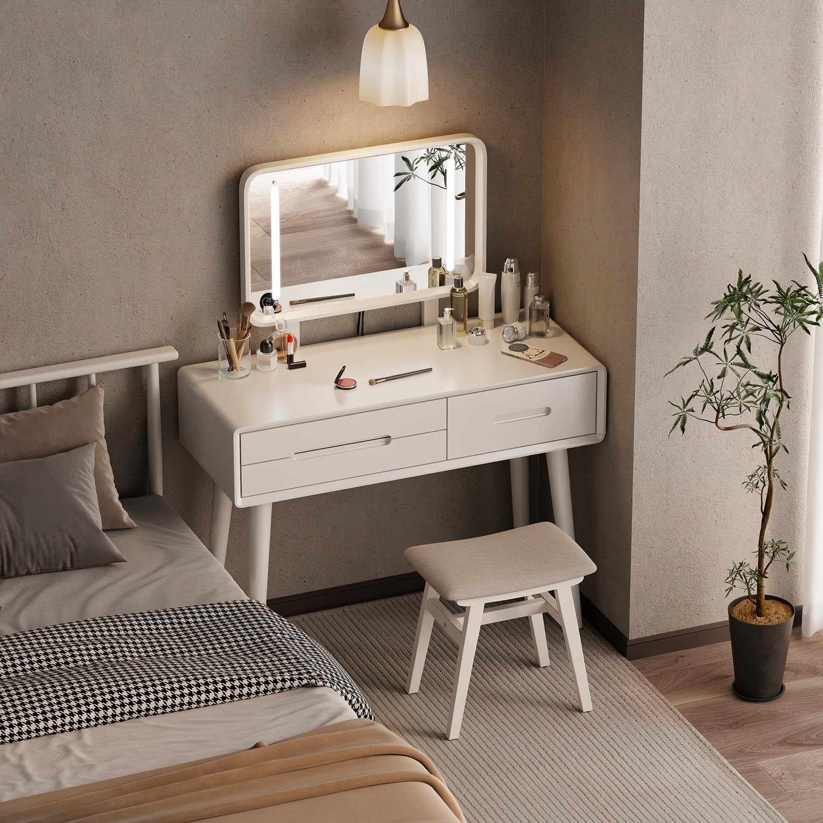 Photo 1 of DONGMUWUJEE Solid Wood Vanity with Mirror and Lights, Adjustable Brightness, Wood Makeup Vanity with 3 Drawers, Semi-Assembled, Vanity Desk for Bedroom (White)