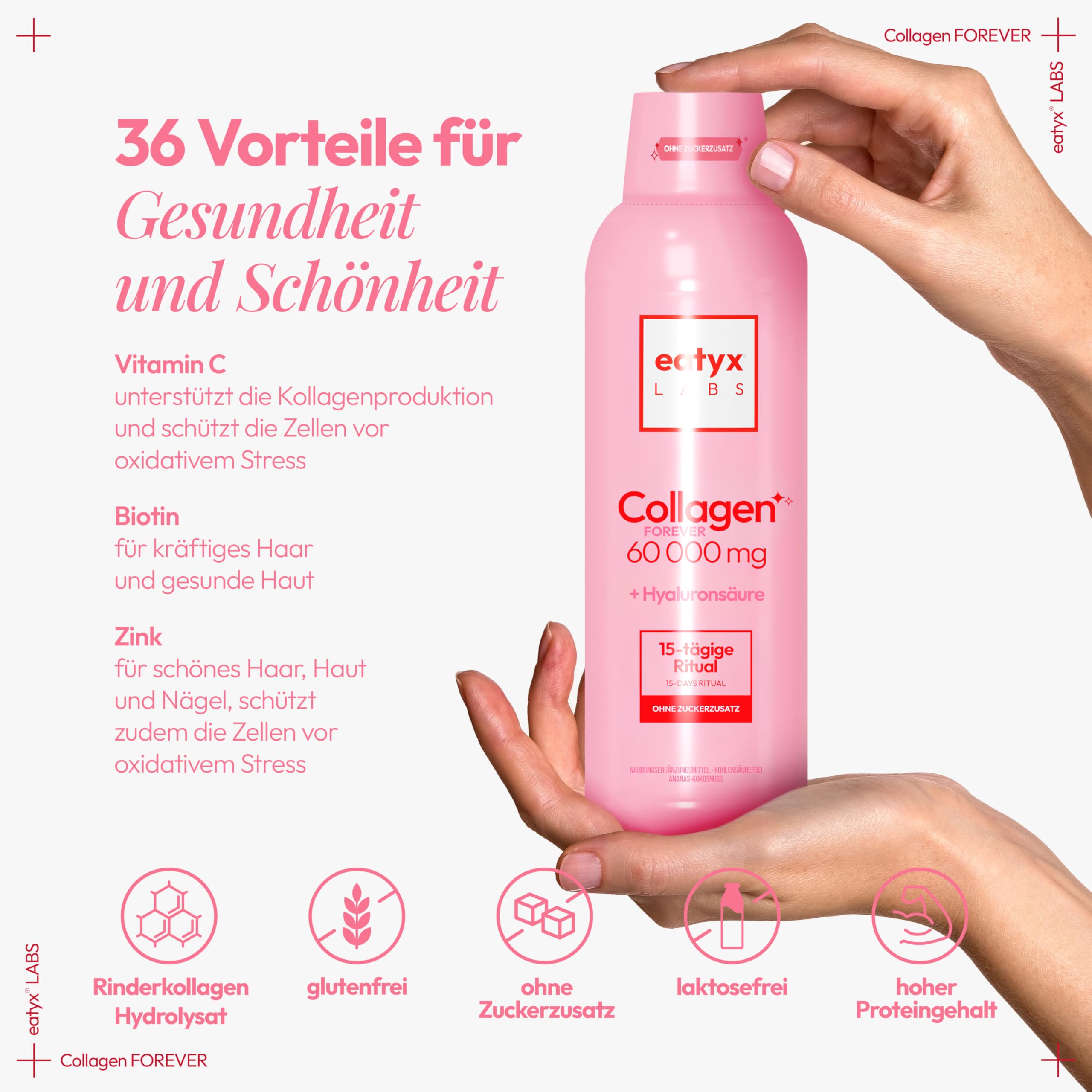 EATYX Labs Collagen Forever 500 ml – 60-dniowa kuracja kolagenowa 5000 mg, suplement diety na skórę, włosy i paznokcie, witaminy i kwas hialuronowy