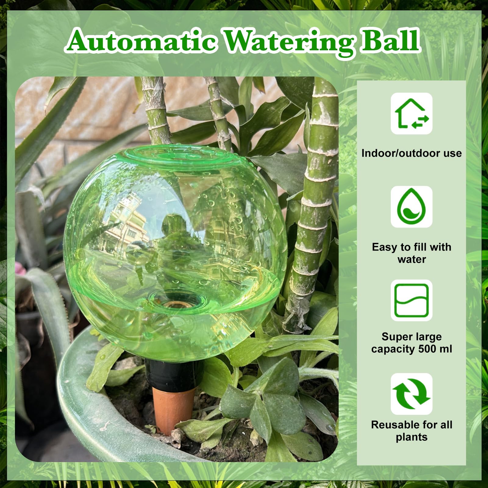 Lot de 2 boules d'arrosage automatique pour plantes - 500 ml - Distributeur d'eau pour plantes - Arrosage automatique des plantes - Distributeur d'arrosage pour vacances et bureau (vert)