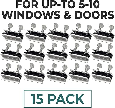 Window Locks, 15 Pack for Vertical and Horizontal Windows, Sliding Locks, Adjustable Aluminum Stoppers, Window Security, No-Drill Install, Fits Tracks up to 3/16 Wide