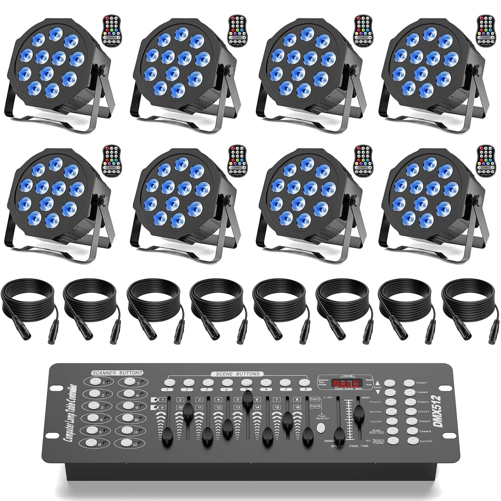 8PCS Par LED Batterie avec Console D MX et Câble, Rechargeable RGBW 12 LED Eclairage Scene Sans Fil avec Fonction de minutage, Party Uplights pour Exterieur Mariage Bar Disco Events Noël