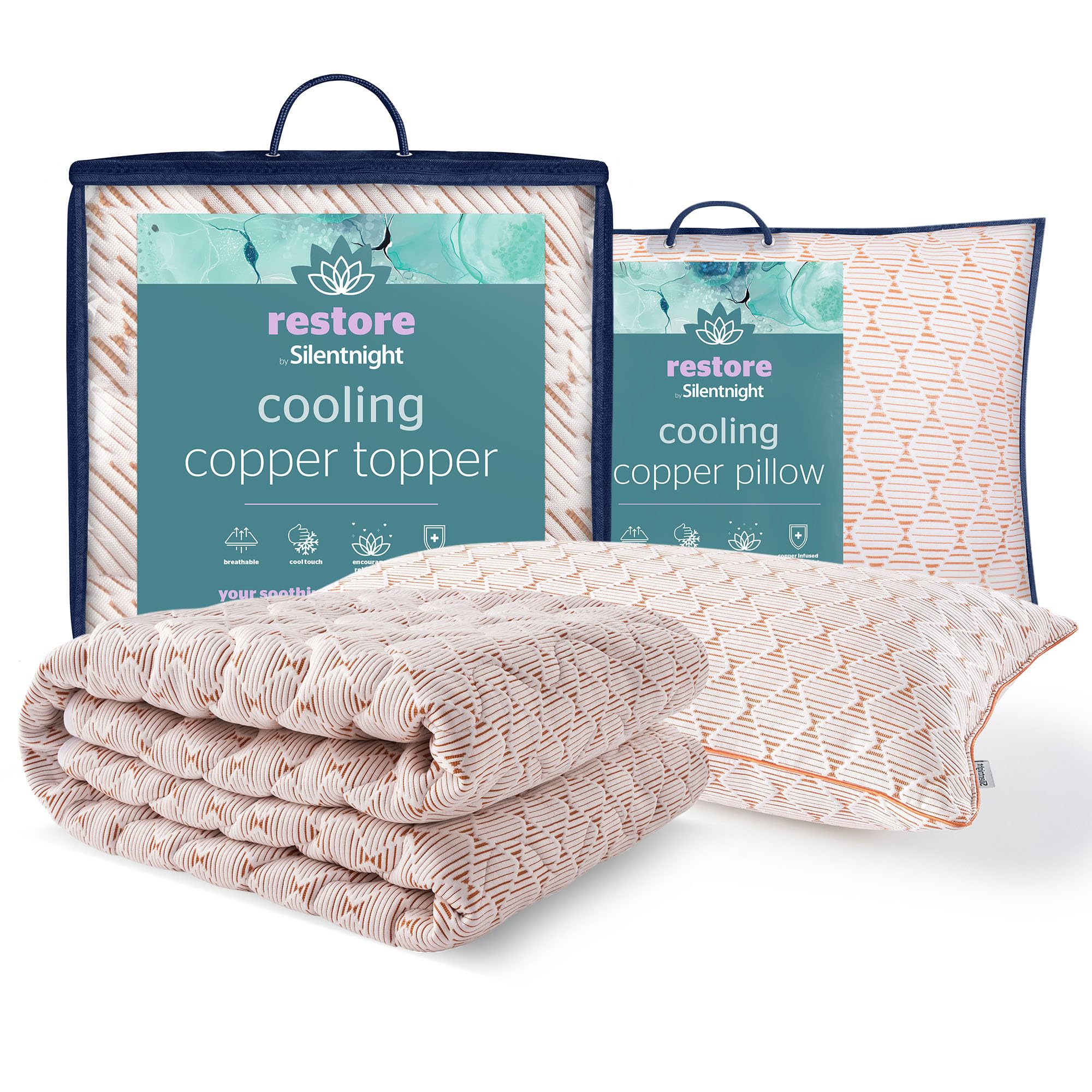 Silentnight Restore Cooling Copper Pillow & Mattress Topper - Temperature Regulating Ideal to Relieve Night Sweats & Hot Flushes - Breathable & Antibacterial Fresh Bed - Single