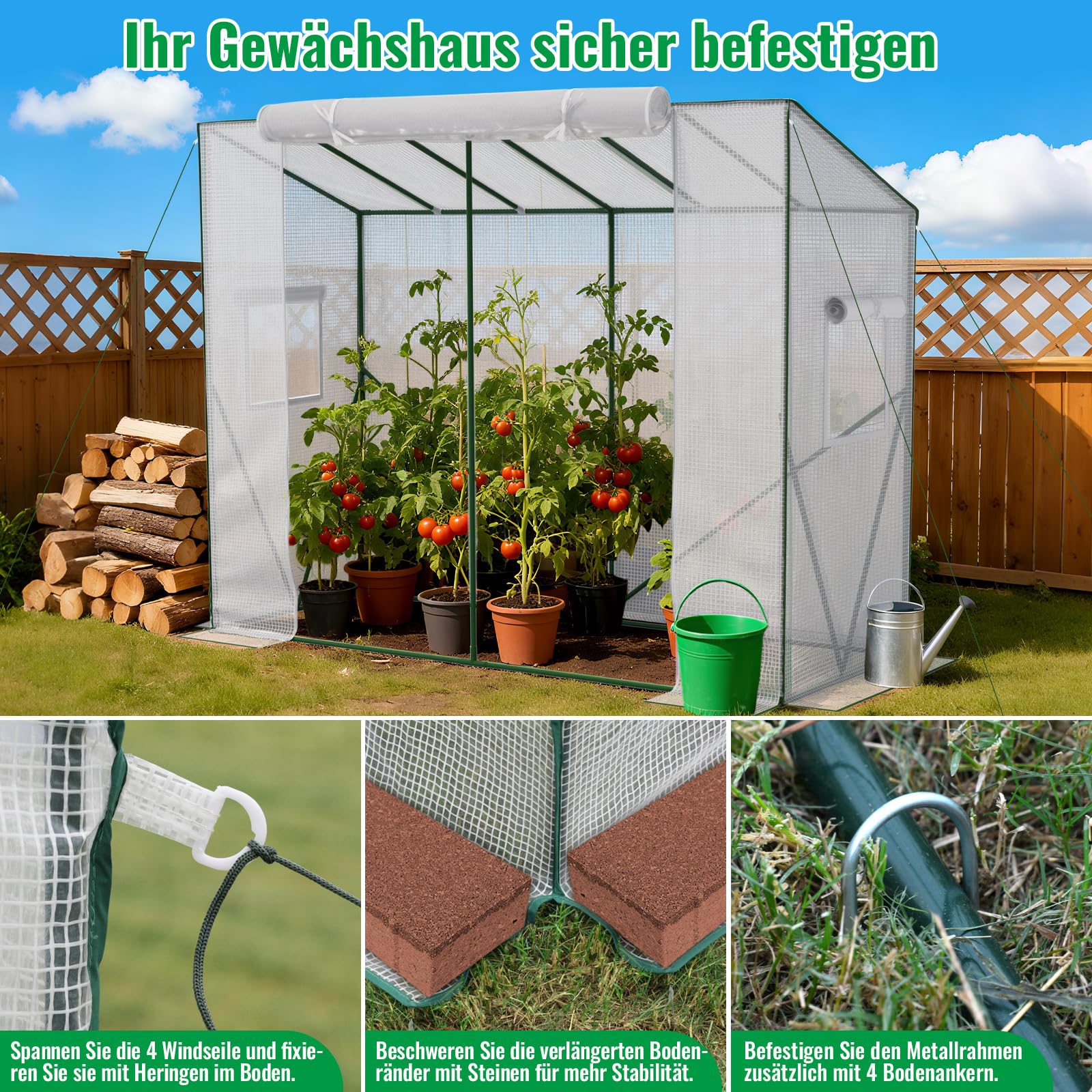 Velway Tomaten Gewächshaus Foliengewächshaus Stabil - 208x81x170/141cm Winterfest Tomatenhaus Schrägdach Garten Treibhaus mit PE Gitterfolie, Belüftungsfenster, Erdanker und Winddichten Seile - Weiß