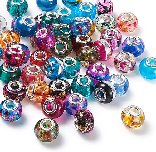 Miniatura 2 de Craftdady 50 cuentas espaciadoras europeas de vidrio con agujero grande de 13-15x9-0.472 in Diapositivas Cuentas Rondelle Colores mezclados al azar