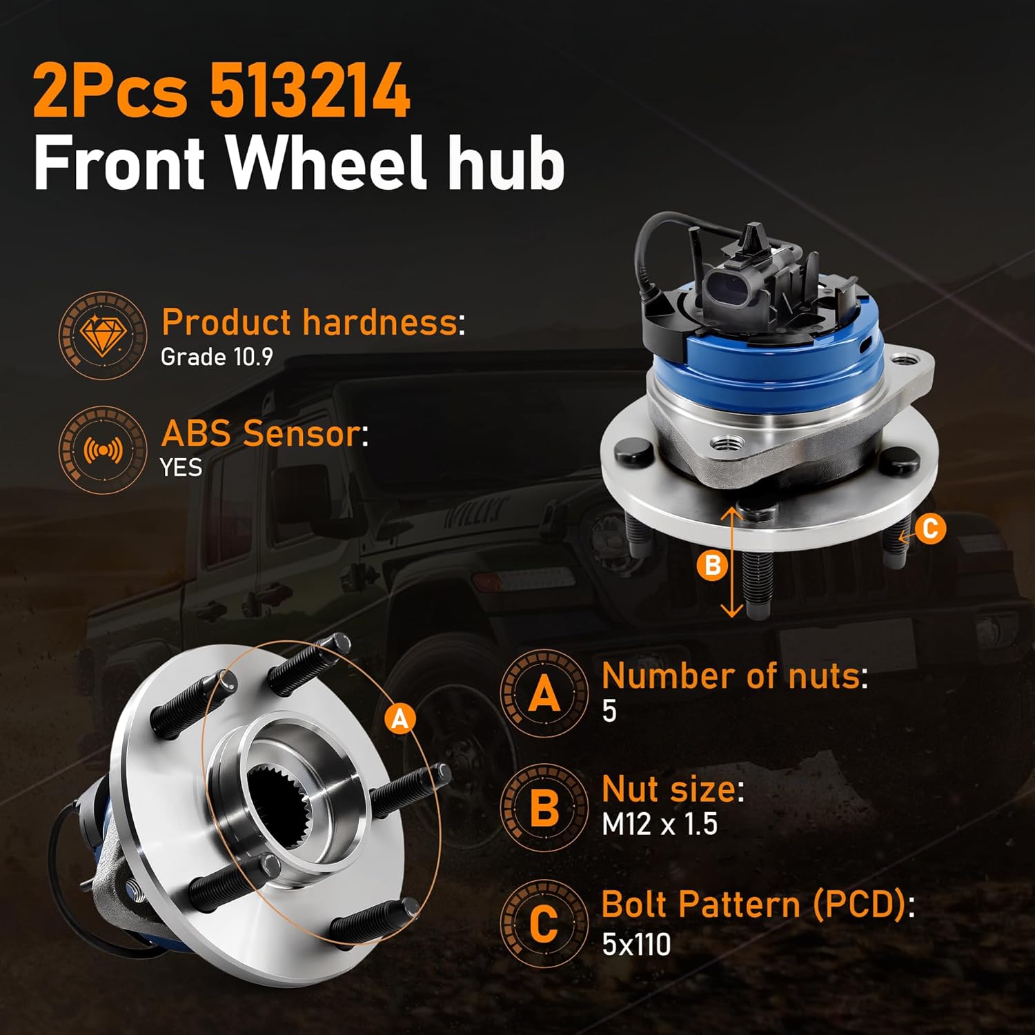 2Pcs 513214 Front Wheel Hub Bearing Assembly 5 Lugs w/ABS Compatible for 2004-2012 Chevy Malibu, 2008-2010 Cobalt HHR, 2005-2010 Pontiac G6, 2007-2009 Saturn Aura