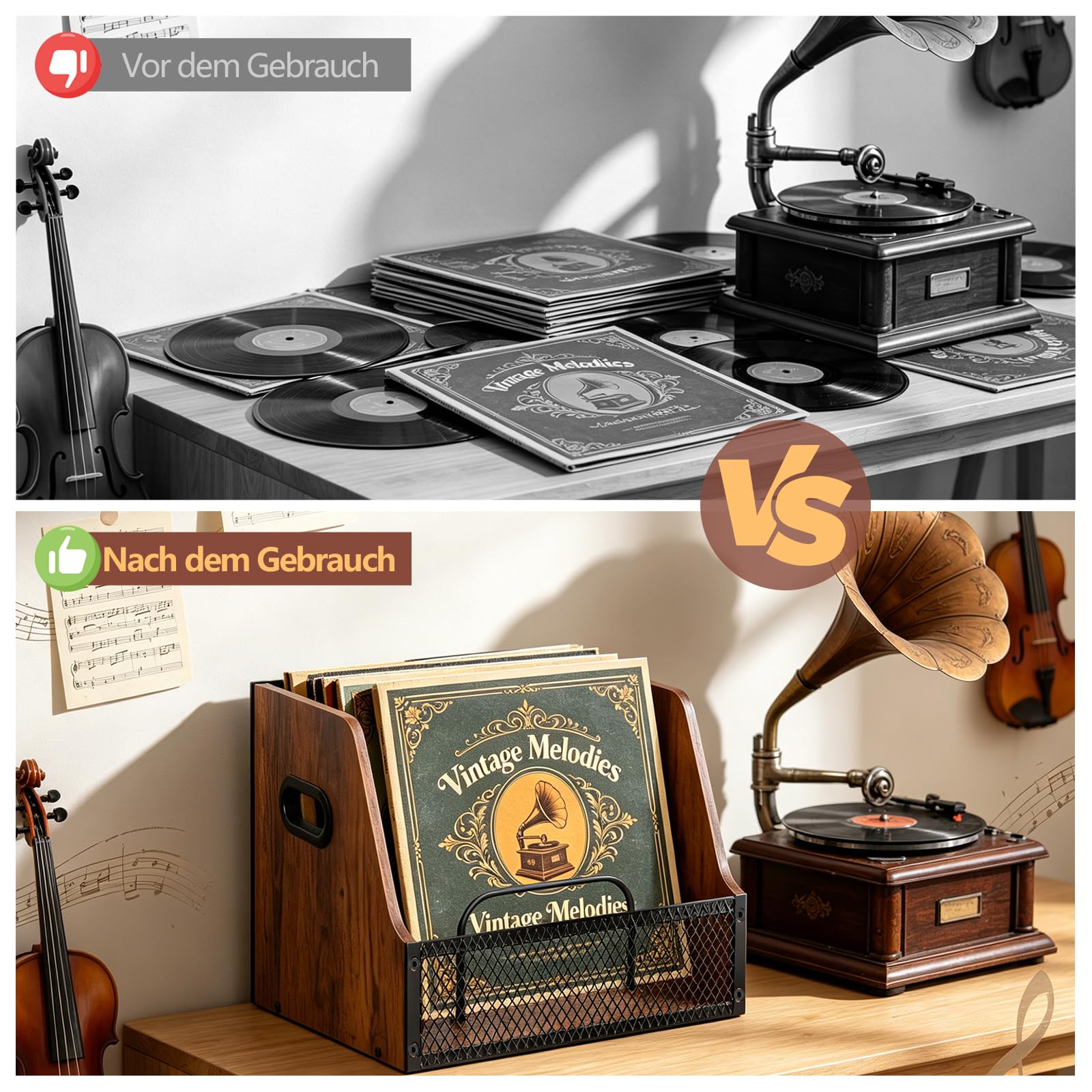 BILIONE Contenitore per dischi in metallo e legno con divisorio | Supporto per dischi in vinile da 7/10/12 pollici, 60 LPs, organizer per CD, album, riviste, libro