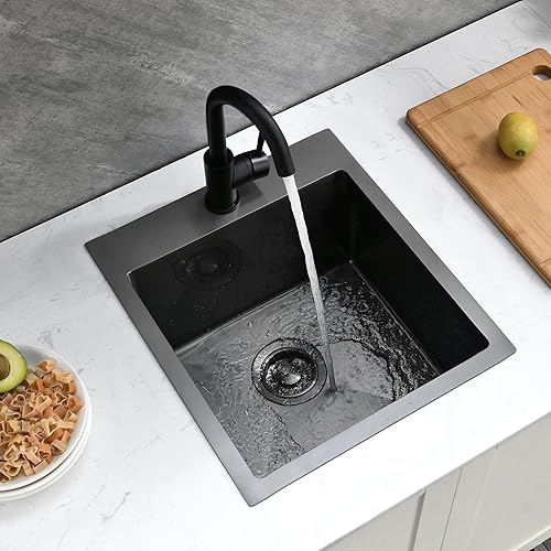 Miniatura 5 de Fregadero de barra de cocina de 16 x 18 pulgadas con grifo, fregadero de barra negra de metal metálico, fregadero de cocina pequeño de calibre 16 de