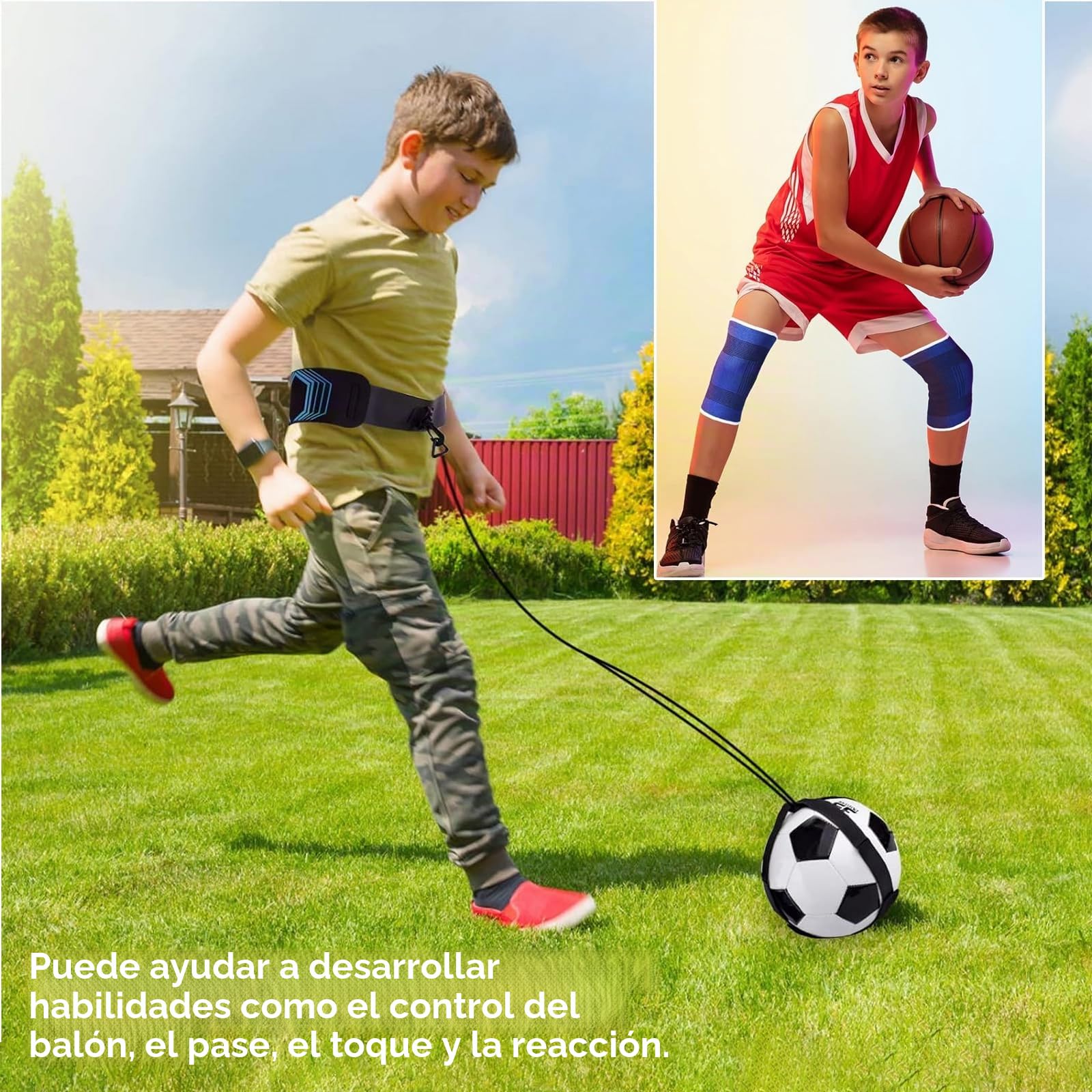 Ayuda de Entrenamiento de Fútbol Solo, Entrenador de Patadas con Cinturón Ajustable, Incluye Rodilleras, Accesorios de Entrenamiento de Fútbol, Regalo para Niños y Adultos