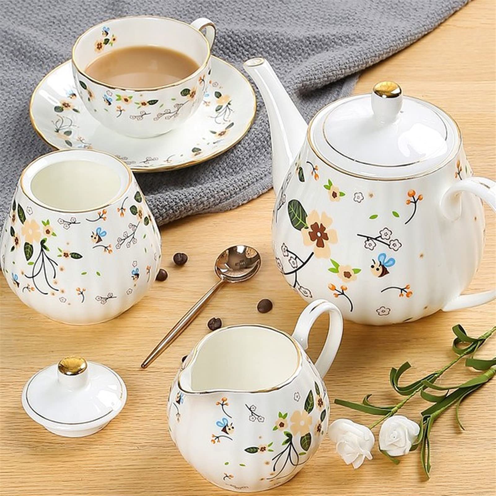 Tazze da caffè Serie di tazza di caffè in ceramica Serie, 6 tazze e piattini, caffettiera, zuccheria, Brocca di latte (senza cucchiaino e caffettiera) Phnom Penh Pener Pomeriggio Tè in Pomeriggio Set