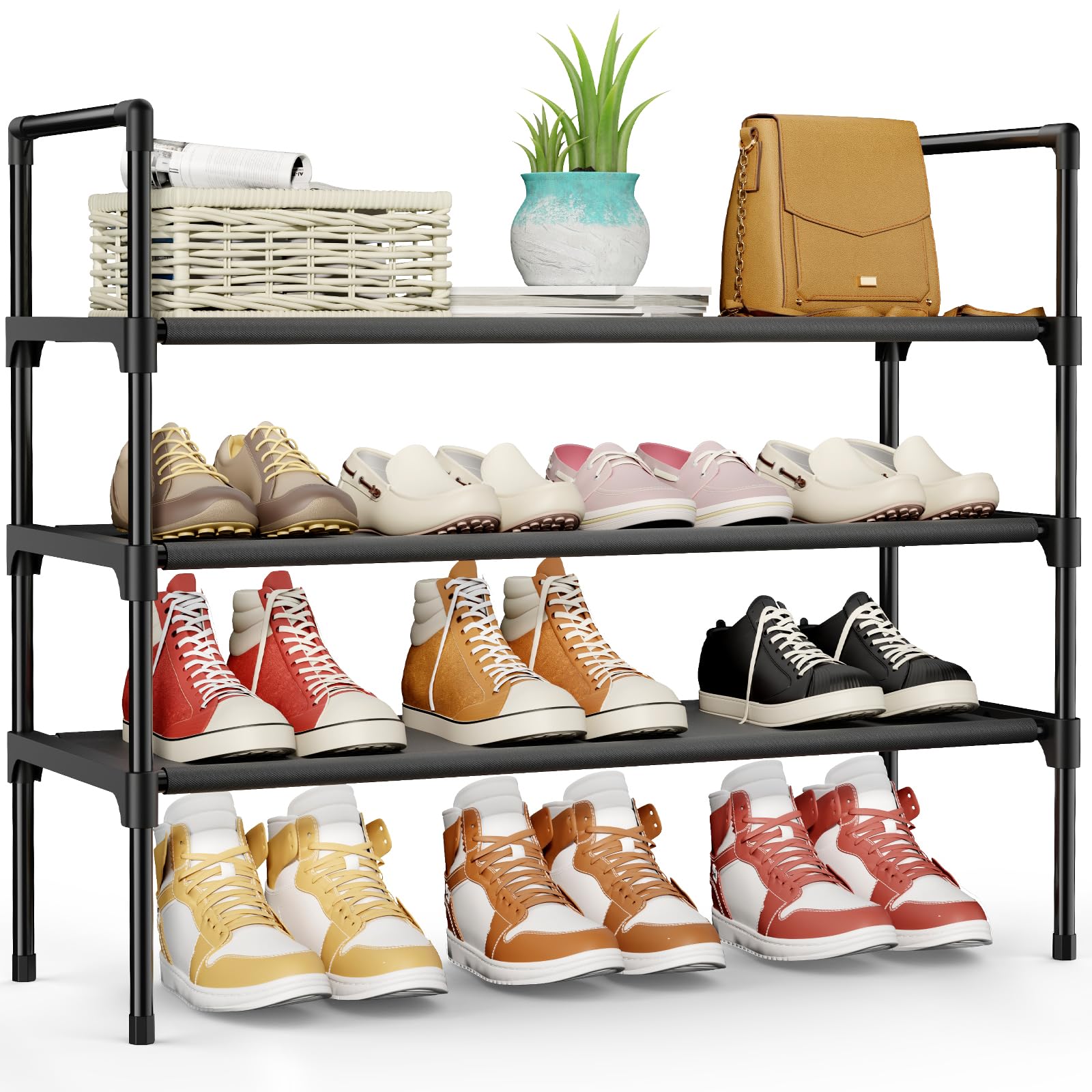 kitsure shoe rack - 3-tier shoe organizer, shoe rack for closet, entryway, bedroom, easy- assembly storage shelf with side handles, 27.6" wide - 3 tiers, black