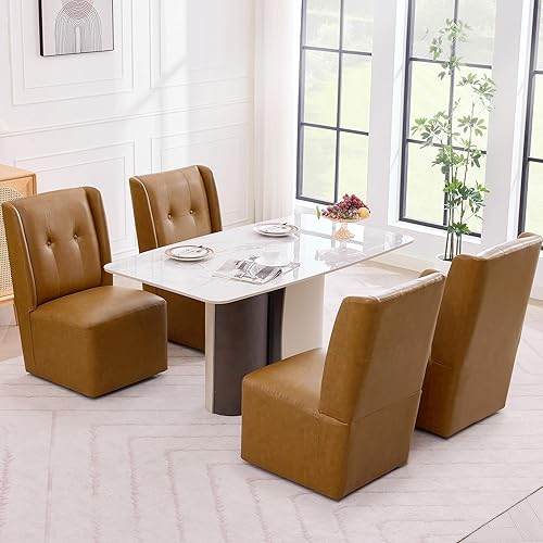 Miniatura 9 de Juego de 2 sillas de comedor con ruedas, moderna silla de comedor enrollada sin brazos tapizada con ruedas para cocina, sala de estar, piel PU