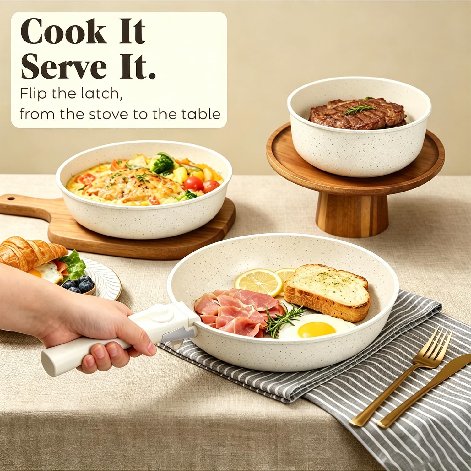 Set di pentole e padelle antiaderenti, 15 pezzi, con manico staccabile, set di pentole a induzione, impilabili da cucina con coperchi, adatte al forno (bianco)